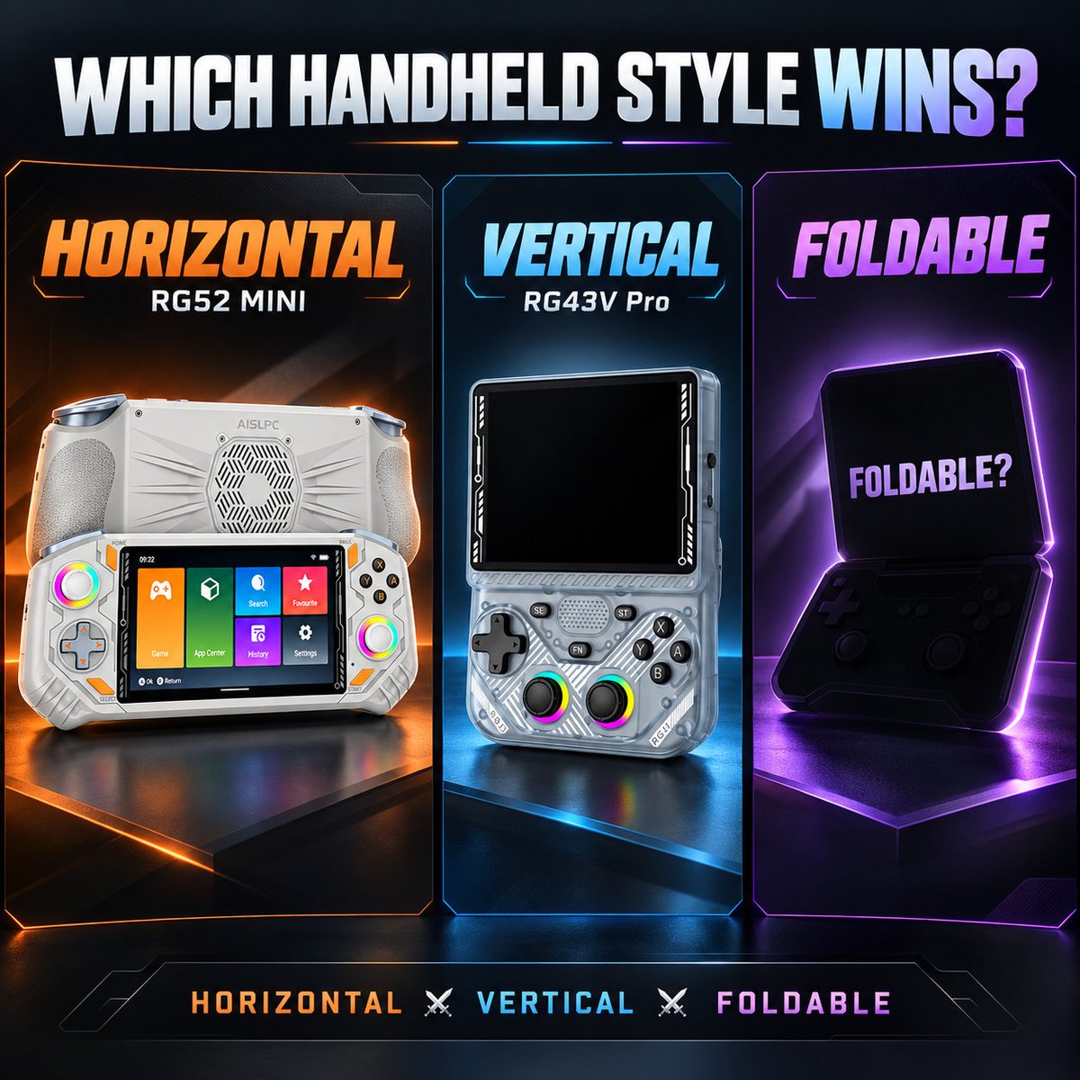 AISLPC_US's tweet photo. Handhelds are changing fast in 2026โฆ but which design would YOU choose? ๐ฎ
There's no wrong answer โ every player has their favorite style.
๐ Team Horizontal, Team Vertical, or Team Foldable?
Drop your pick in the comments!
#aislpc #rg52mini #rg43vpro https://t.co/Wgwe2RM61B