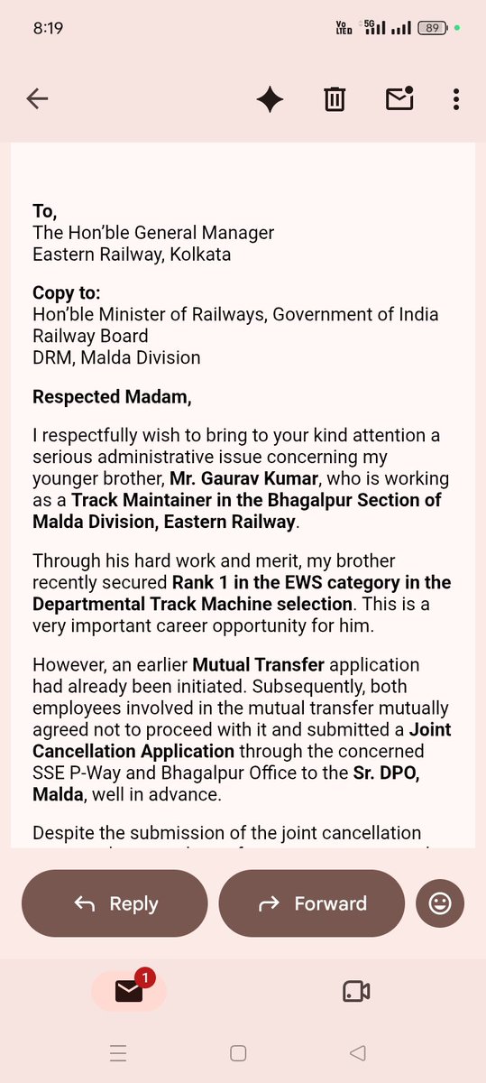 Monkdear308's tweet photo. Mam Geetika Pandey Ji, now you are the only one who can help. I know you are looking into this matter, but no concrete action has been taken yet. My brother future is now in your hands. I humbly request you to intervene and ensure immediate action in this matter
@EasternRailway https://t.co/NMdTZIZV48