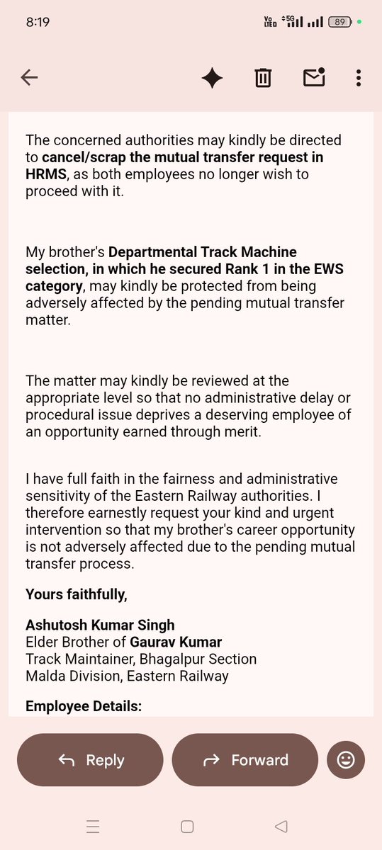 Monkdear308's tweet photo. Mam Geetika Pandey Ji, now you are the only one who can help. I know you are looking into this matter, but no concrete action has been taken yet. My brother future is now in your hands. I humbly request you to intervene and ensure immediate action in this matter
@EasternRailway https://t.co/NMdTZIZV48