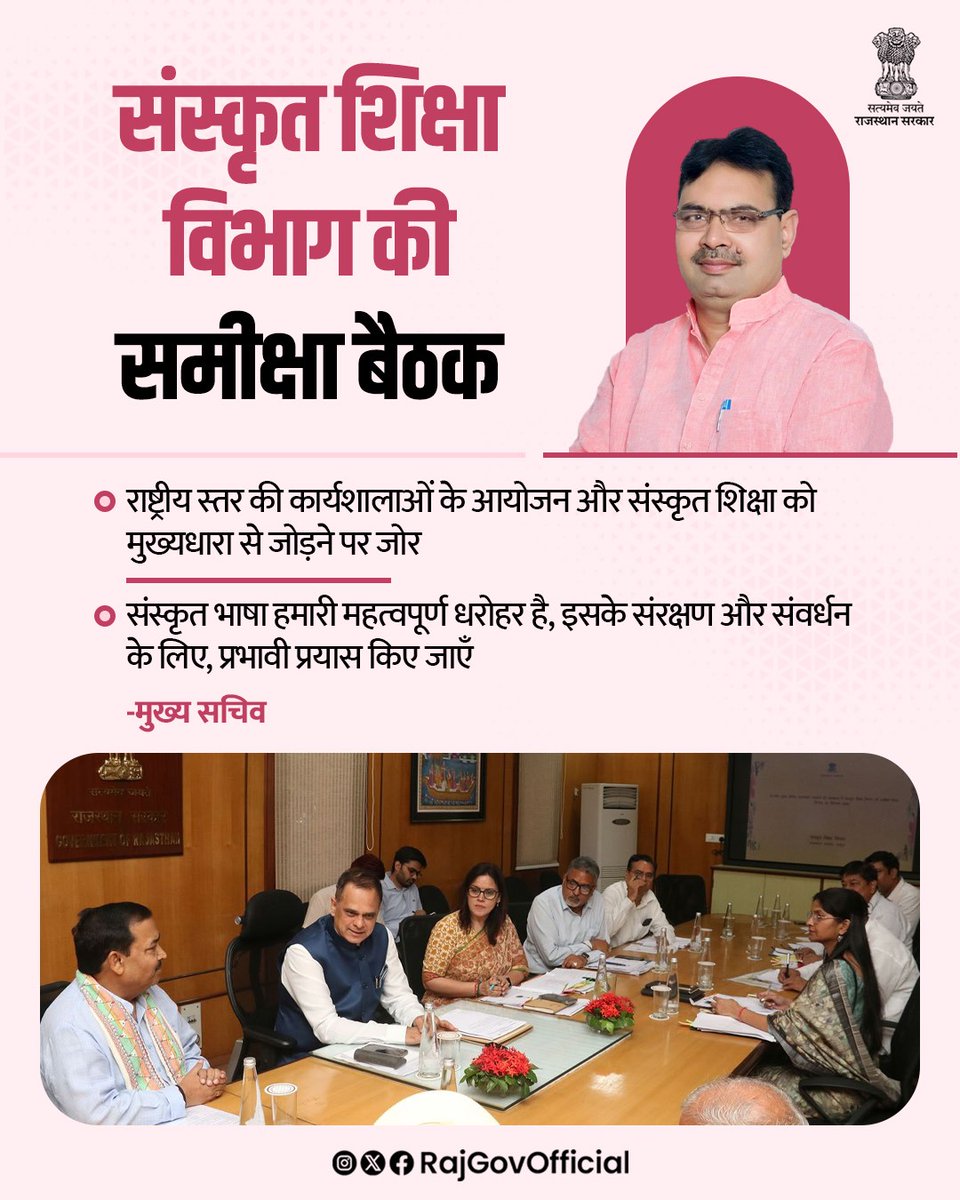 RajGovOfficial's tweet photo. मुख्य सचिव श्री वी. श्रीनिवास की अध्यक्षता में शासन सचिवालय में, संस्कृत शिक्षा विभाग की समीक्षा बैठक आयोजित हुई। बैठक में संस्कृत भाषा एवं शिक्षा के संरक्षण, संवर्धन और विभागीय गतिविधियों की प्रगति पर चर्चा की गई। मुख्य सचिव ने कहा कि संस्कृत एक समृद्ध सांस्कृतिक धरोहर है, जिसे सभी क्षेत्रों में प्रोत्साहित किया जाना चाहिए। उन्होंने इसके संरक्षण और संवर्धन के लिए ��ंभीरता से कार्य करने के निर्देश दिए।

@svoruganti1466
#आपणो_अग्रणी_राजस्थान