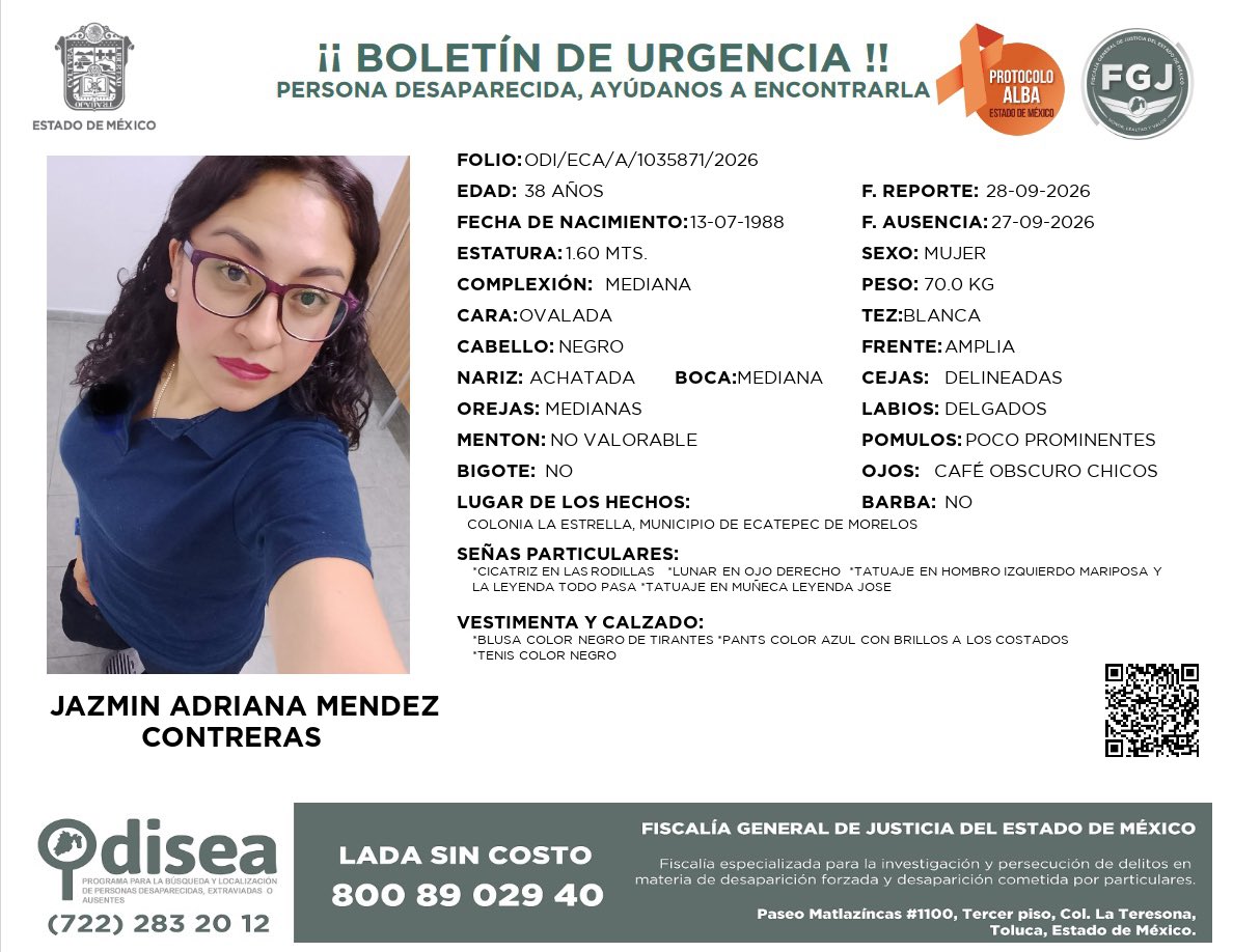 elconsejomx's tweet photo. Solicitamos ayuda para localizar a JAZMÍN ADRIANA MÉNDEZ CONTRERAS de 38 años de edad.

SE LE VIO POR ÚLTIMA VEZ EL 27-09-2026, EN COLONIA LA ESTRELLA, MUNICIPIO DE ECATEPEC DE MORELOS

¡AYUDA A DIFUNDIR! https://t.co/X9Xxtgo2ad