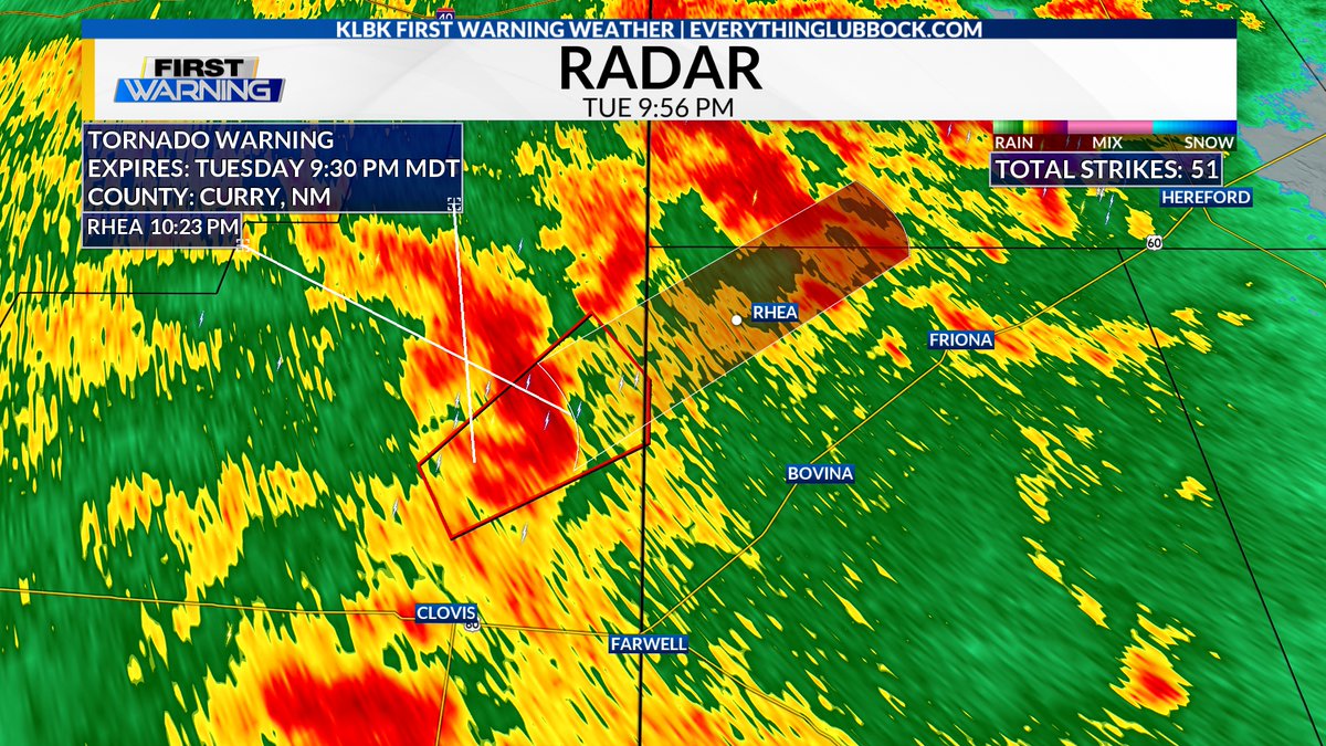 jrileywx's tweet photo. 8:56 PM MDT 09/29/2026 - A Tornado Warning has been issued for portions of Curry County, NM until 9:30 PM MDT. A potential tornado was located 7 miles north of Clovis, tracking NE @ 25 MPH. Seek shelter if you are in the path of this storm. #KLBK #NMwx #SevereWeather #Tornado https://t.co/w8Ry4iZvo7