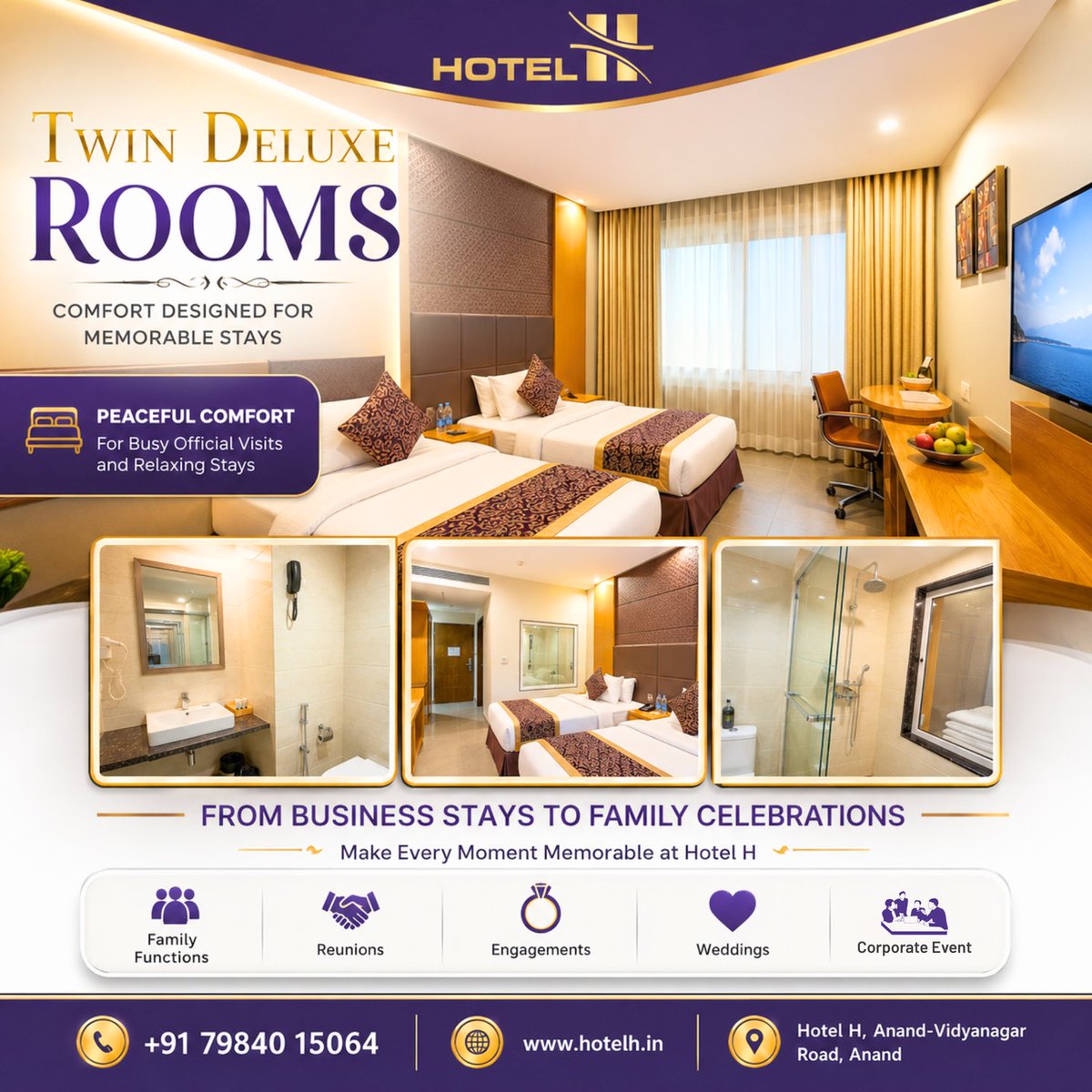 HotelH_Anand's tweet photo. Twin Deluxe Rooms — peaceful comfort for busy official visits and relaxing stays
#HotelH #Anand #Vidyanagar #AnandHotels #TwinDeluxeRooms #FamilyFunctions #FamilyCelebration #FamilyReunion #WeddingInAnand #AnandEvents #GetTogether #CelebrationDestination #ComfortAndCelebration https://t.co/SkXDvI70aZ