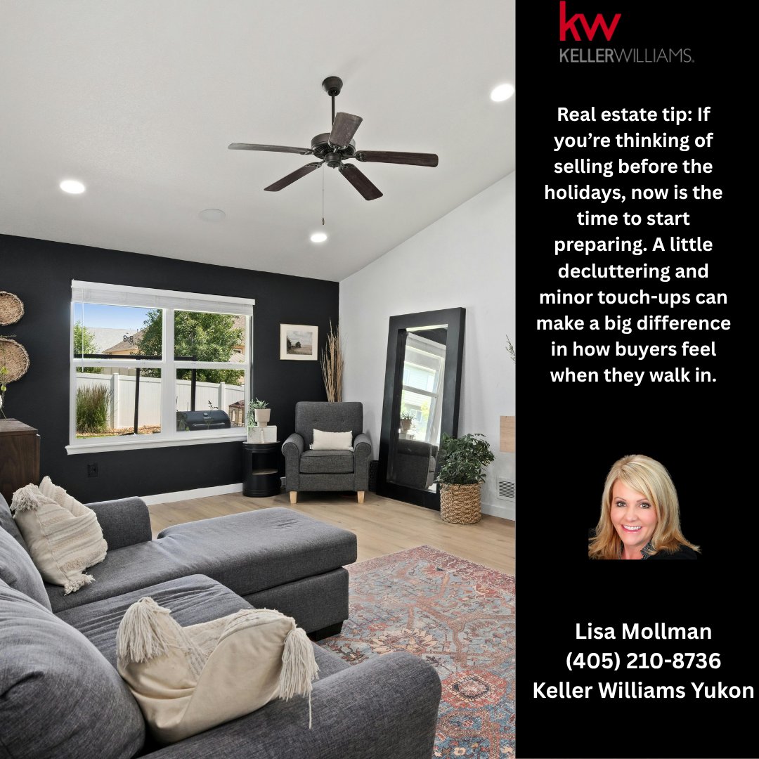 OKCHomesByLisa's tweet photo. Real estate tip: If you’re thinking of selling before the holidays, now is the time to start preparing. A little decluttering and minor touch-ups can make a big difference in how buyers feel when they walk in.
Lisa Mollman (405) 210-8736 | Keller Williams, Yukon https://t.co/hX7Kw3Lj78