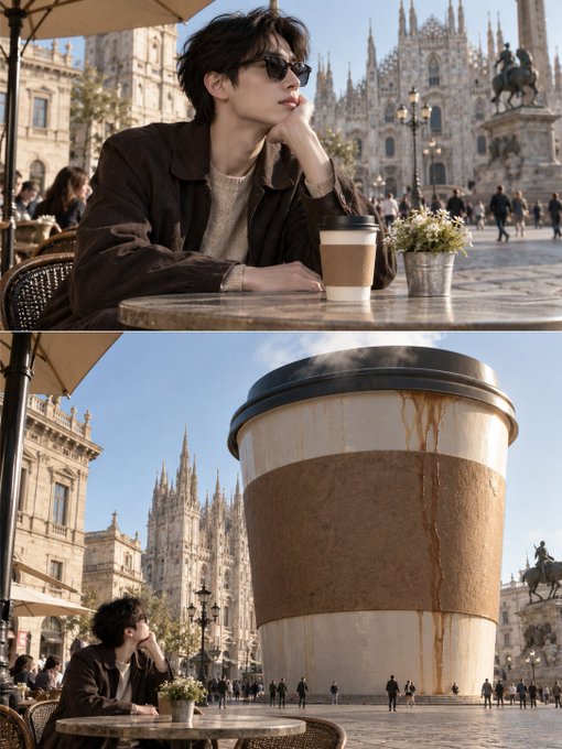 Two AI-generated images depict a person sitting at a cafe table with a regular coffee cup in one and a giant coffee cup dominating the plaza in the other.
