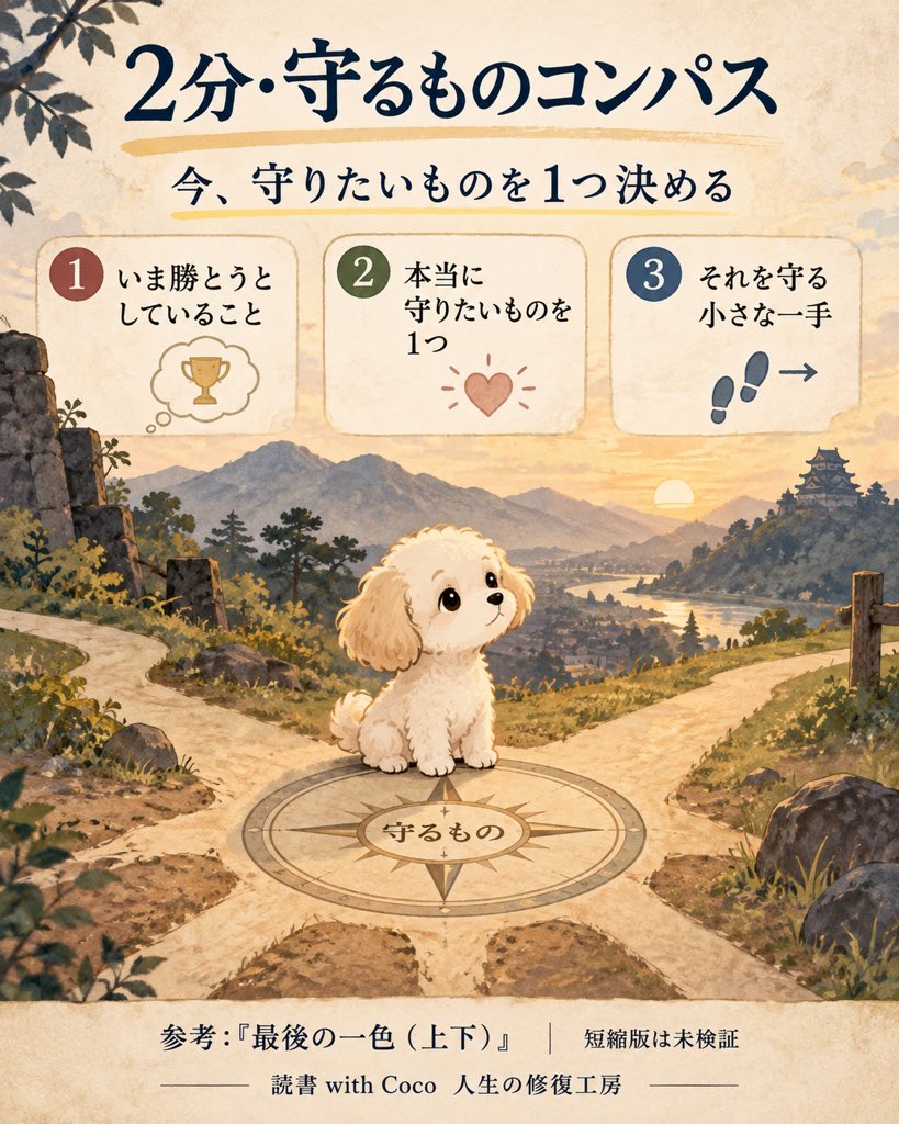 read_with_coco's tweet photo. 「勝ちたい」「言い返したい」と思ったときほど、2分だけ。

①いま何に勝とうとしてる？
②本当に守りたいものは？
③それを守る小さな一手は？

『最後の一色』から考えた、価値確認研究ベースのオリジナルワークです。短縮版自体は未検証。

今、守りたいものを1つだけ決めてみる🐾 https://t.co/qGOpq17L6D
