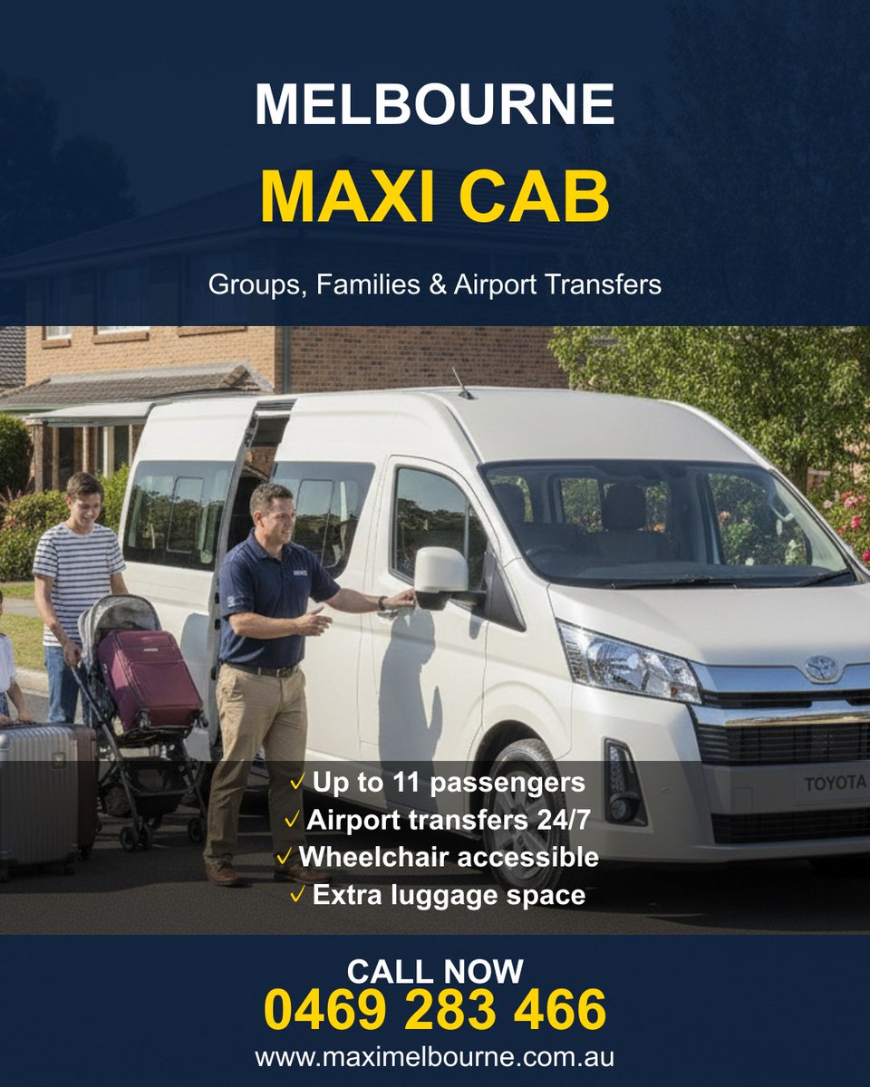 MaxiMelbourne's tweet photo. Two cabs, split luggage, hoping they both arrive together. That's what most families do. One maxi cab from Springvale South fits everyone. 38km to Tullamarine, ~$130-$155, one pickup. https://t.co/LWyIeTiOwR
#MaxiCab #MelbourneTaxi #Airport... https://t.co/dIWiC0zc6S