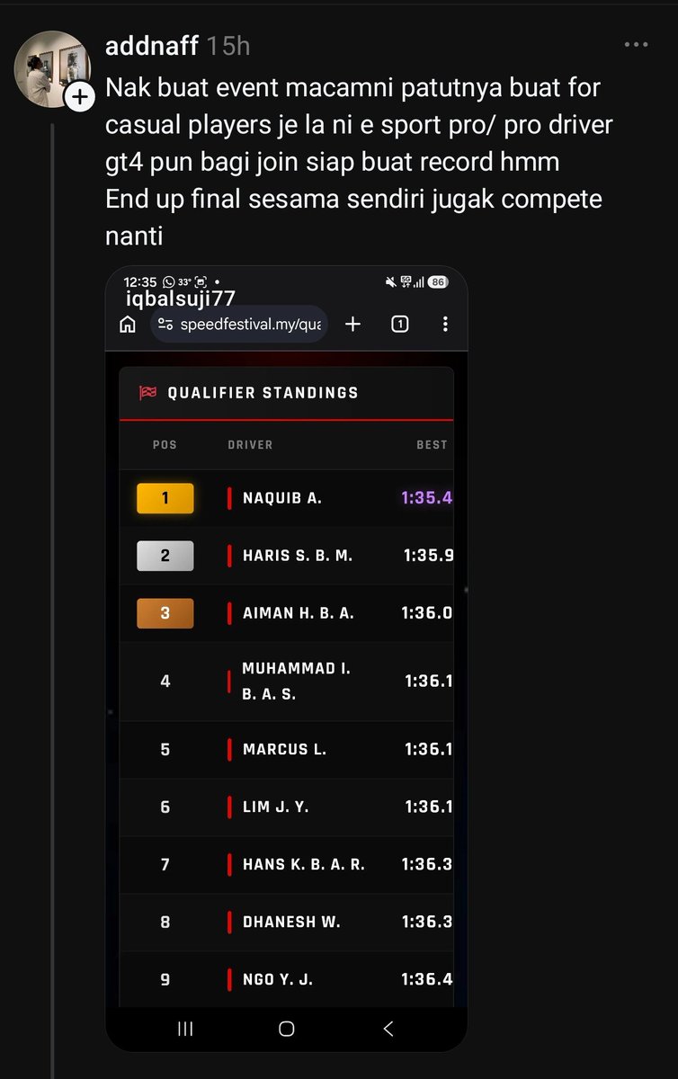 MrToffee's tweet photo. "Events like this should really just be for casual players; instead, they’re letting pro esports players and GT4 drivers join and set records too."

My brother in Christ does not understand how tournaments work. https://t.co/gU0LAvzE5h