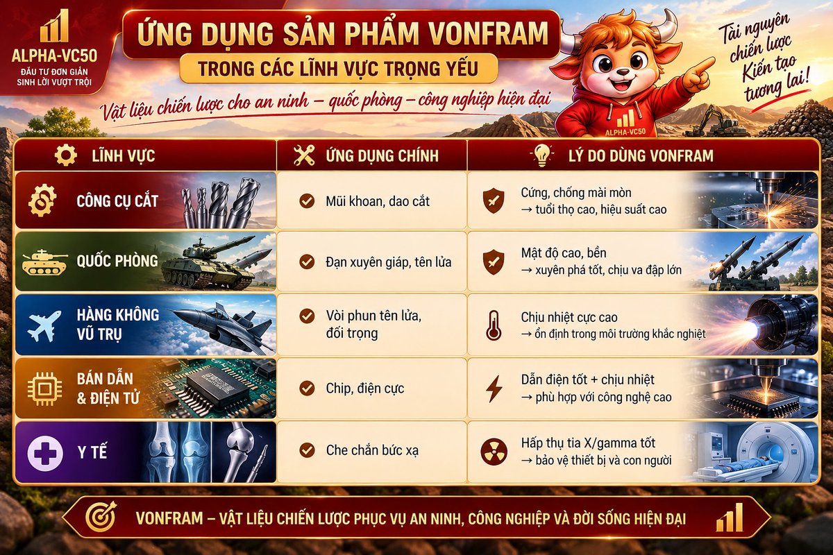 alpha_vc50's tweet photo. Ứng Dụng Vonfram Trong Các Lĩnh Vực Trọng Yếu 
#alpha_vc50 #vonfram #MSR #chungkhoanvietnam https://t.co/lB2hfwY8Td