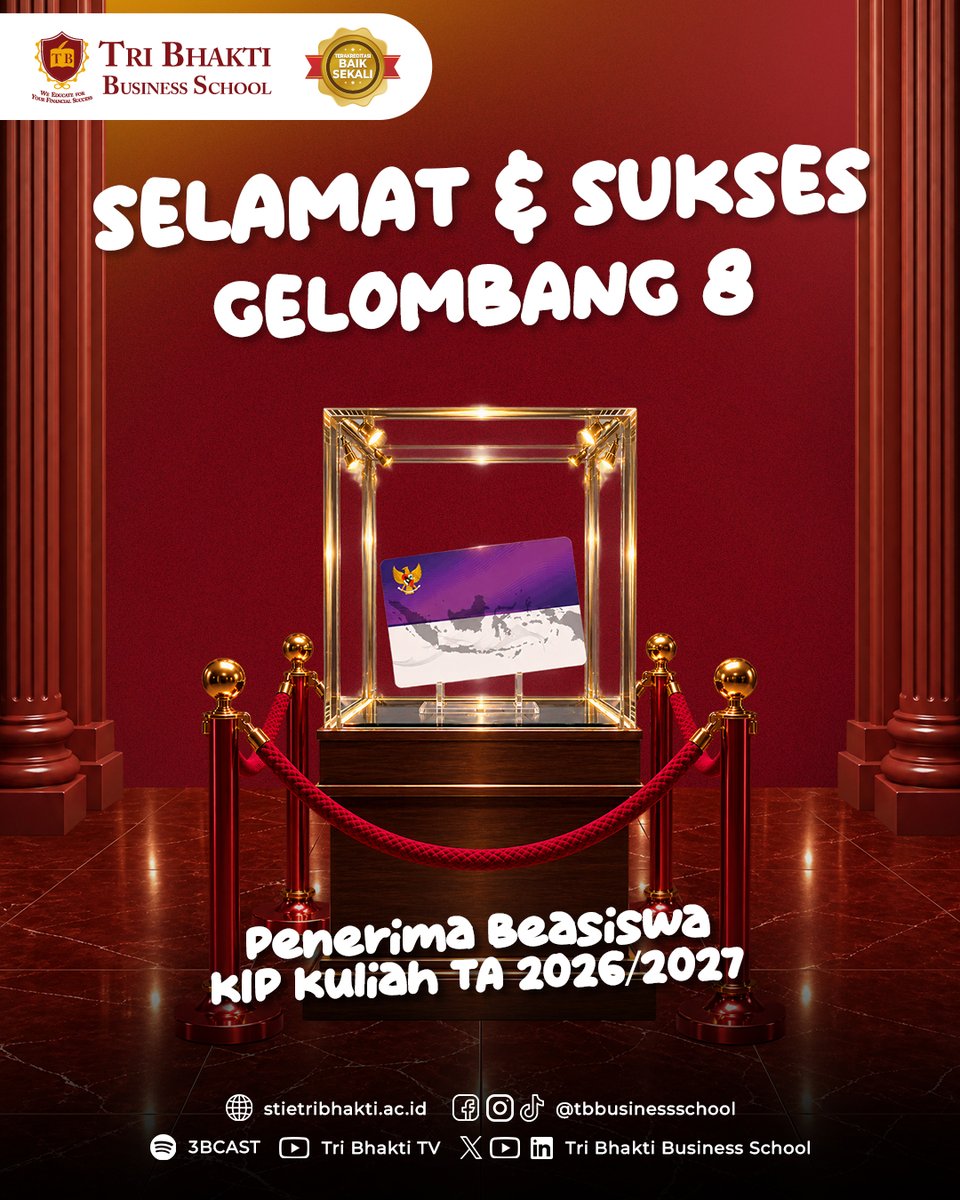 STIE_Tri_Bhakti's tweet photo. Selamat dan sukses kepada para Penerima Beasiswa KIP Kuliah Tahun Akademik 2026/2027 Gelombang 8 Tri Bhakti Business School! 
Kesempatan ini bukan sekadar bantuan pendidikan, tetapi juga langkah awal untuk terus berkembang, berprestasi, dan membangun masa depan yang lebih baik. https://t.co/OpBmtVnBi8