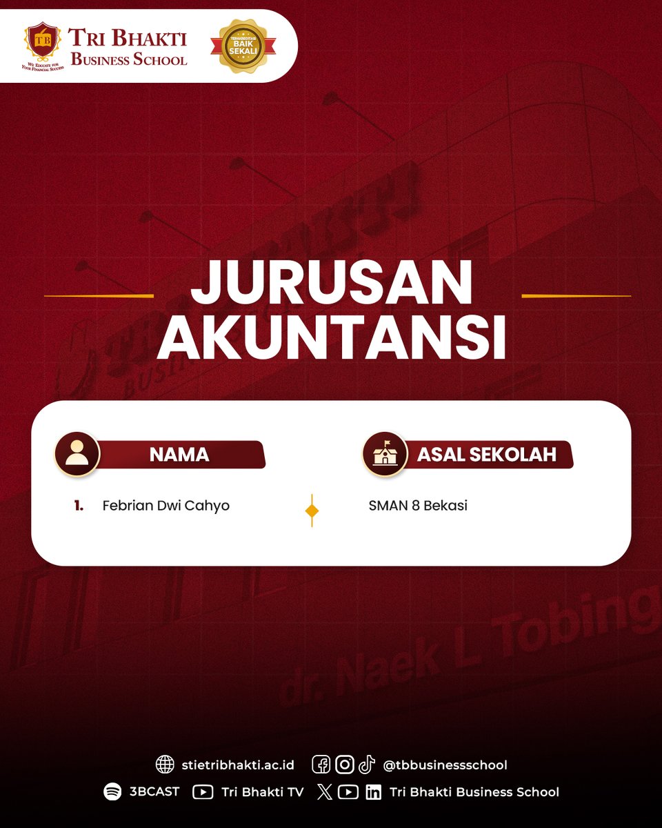 STIE_Tri_Bhakti's tweet photo. Selamat dan sukses kepada para Penerima Beasiswa KIP Kuliah Tahun Akademik 2026/2027 Gelombang 8 Tri Bhakti Business School! 
Kesempatan ini bukan sekadar bantuan pendidikan, tetapi juga langkah awal untuk terus berkembang, berprestasi, dan membangun masa depan yang lebih baik. https://t.co/OpBmtVnBi8