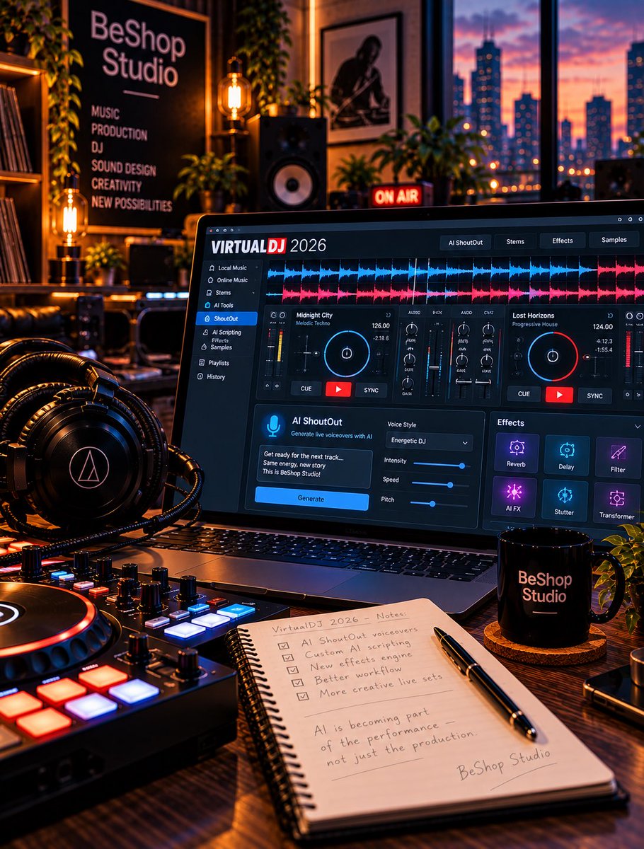 beshopstudio's tweet photo. DJ software gets an AI voice

VirtualDJ 2026 introduces AI-powered ShoutOut voiceovers, custom AI scripting and a redesigned effects engine. 

AI is becoming part of the performance, not just the production. 

#virtualdj #dj #aimusic #musictechnology #electronicmusic https://t.co/7mjeIgN7qx