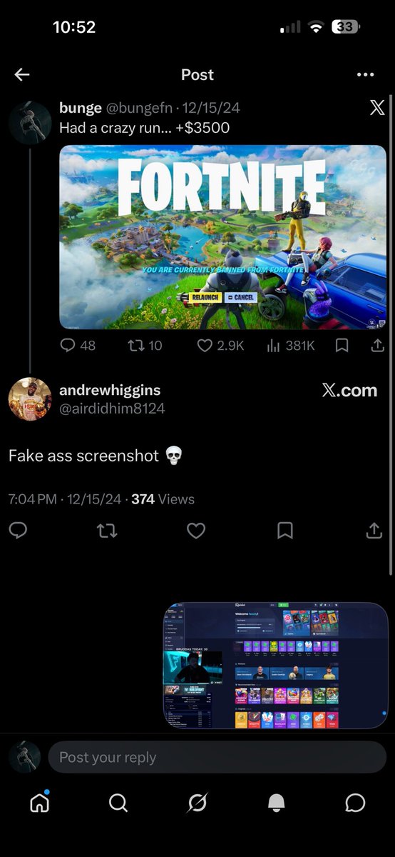 bungefn's tweet photo. @airdidhim8124 @Webster1x @FNCompetitive @MochiGambles ight bro stop the hollywood act ur ego is sky high 😂 dudes always acted a certain way since he started raging those .50 tokens https://t.co/BlmVH6ozWa