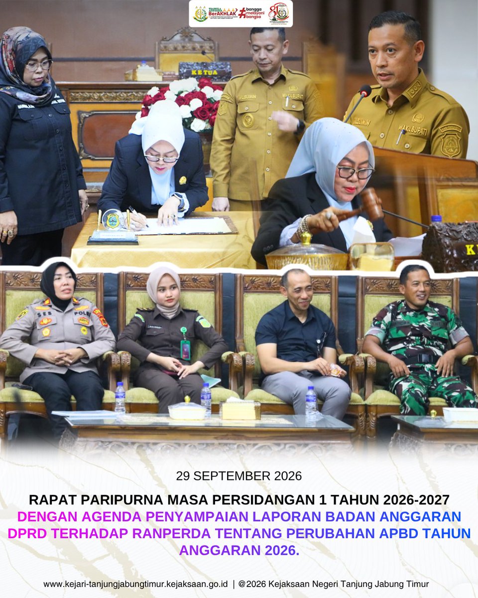 KejariTanjabTim's tweet photo. Selasa, 28 September 2026, telah dilaskanakan Rapat Paripurna masa Persidangan 1 Tahun 2026-2027 dengan Agenda penyampaian Laporan Badan Anggaran DPRD terhadap Ranperda tentang Perubahan APBD Tahun Anggaran 2026. https://t.co/6a27J79n0o