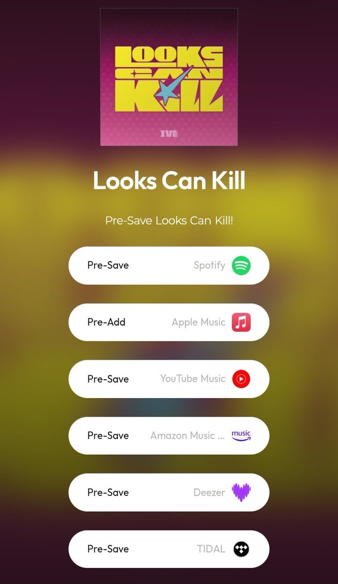 divestream_'s tweet photo. [📢]Looks Can Kill Pre-Save

Pre-save 'Looks Can Kill' on multiple streaming platforms. 

↪️Use Multiple Accounts on Spotify for 'Spotify Global Countdown Charts'

🖇️https://t.co/eld2vE5AaP

#LooksCanKill #아이브 #IVE https://t.co/3jEvaVqklH