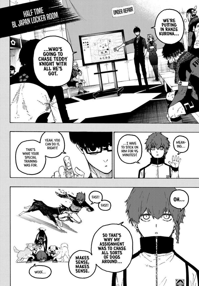 kaizen57070's tweet photo. This chapter of bluelock first starts with side b where the players are  forbidden from using their special skills now in back to the england game kurona training is revealed and he has been put in to mark teddy and kiyora to intercept the ball from him  #bluelock363 https://t.co/32xCQAZoY7