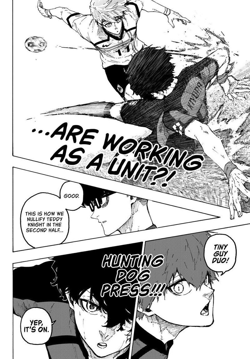 kaizen57070's tweet photo. This chapter of bluelock first starts with side b where the players are  forbidden from using their special skills now in back to the england game kurona training is revealed and he has been put in to mark teddy and kiyora to intercept the ball from him  #bluelock363 https://t.co/32xCQAZoY7