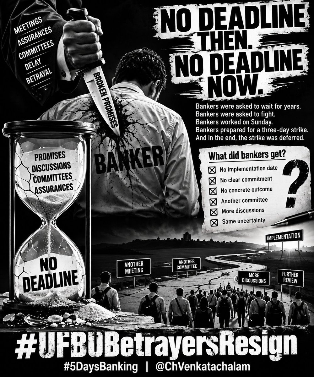 ramshankarsingh's tweet photo. THE TRUST HAS BEEN BETRAYED — BANKERS DESERVE ANSWERS

On the night of 27 September, the three-day bank strike was suddenly deferred after bankers had already mobilised themselves for the struggle. On 27 September, bankers had also worked on a Sunday in the backdrop of the proposed industrial action.

The question is not merely why the strike was deferred. The bigger question is:

WHAT DID BANKERS ACTUALLY GET IN RETURN?

If there was a genuine breakthrough, put every commitment clearly before the members.

If there was a concrete agreement, disclose the terms.

If Five-Day Banking has finally moved towards implementation, WHERE IS THE IMPLEMENTATION DATE?

And here lies the most disturbing reality:

**THERE WAS NO DEADLINE EARLIER.

THERE IS NO DEADLINE EVEN TODAY.**

For years, bankers have heard about proposals, discussions, negotiations, assurances and committees. Now, after a major strike was deferred, bankers are once again being asked to wait for another process.

How long are bankers expected to wait?

A committee is not implementation.
A discussion is not implementation.
An assurance is not implementation.
A promise without a deadline is not a commitment.
Bankers have already demonstrated their commitment to the cause. They stood together, prepared for industrial action and made personal sacrifices. The leadership now owes the workforce the same level of commitment, transparency and accountability.
This is not about opposing dialogue.
Dialogue is welcome—but dialogue without a time-bound outcome becomes an endless waiting room.

The banking workforce deserves to know:

What was agreed?
What was achieved?
What remains pending?
Who is responsible?
What is the deadline?
And what happens if that deadline is not honoured?

@ChVenkatachalam @UFBUIndia @UFBUPUNE @AIBEAofficial @rupamsmail @idesibanda @SushantBSinha @awasthis