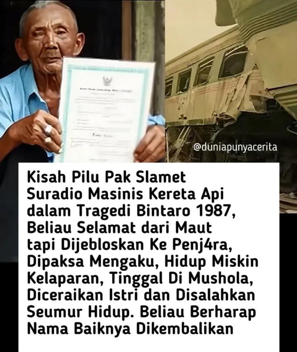 LiaAfri03881071's tweet photo. Tanpa mengurangi rasa sedih saya terhadap korban argo Bromo dan keluarga ..sya cuma ingin bahas masinis.. JD inget kisah pak Slamet masinis tragedi Bintaro 1...sampe meninggal gak dapet keadilan 🥹 kalopun iya masinis argo Bromo juga sama Jd tumbal...
Kelak tuntut mereka yg jeblosin kalian di akherat ya pak...
Akupun seorang working mom sedih bgt pas ada beritanya...Alfatihah buat semua korban argo Bromo ..para working mom..dan para wanita Hebat 🤲🥹