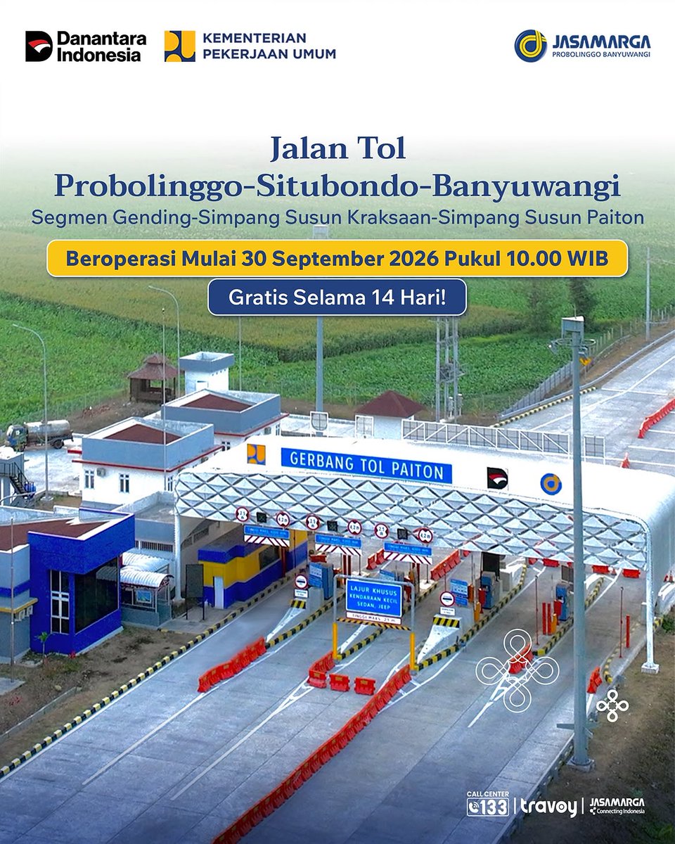 PTJASAMARGA's tweet photo. 🚨 BREAKING NEWS | RESMI BEROPERASI!

Kabar gembira buat Kawan JM!

Mulai 30 September 2026 pukul 10.00 WIB, Jalan Tol Probolinggo–Situbondo–Banyuwangi (Prosiwangi) Segmen Gending–Simpang Susun Kraksaan–Simpang Susun Paiton resmi beroperasi tanpa tarif selama masa sosialisasi 14 hari. 🛣️✨

Meskipun tanpa tarif, KawanJM tetap diwajibkan untuk melakukan tapping kartu uang elektronik di gerbang tol ya! 💳

Untuk perjalanan menerus dari arah Surabaya maupun Malang menuju GT Kraksaan atau GT Paiton, tarif terintegrasi Jalan Tol Trans Jawa tetap berlaku hingga GT Gending Jalan Tol Pasuruan–Probolinggo.

Yuk, cek postingan ini untuk penjelasan selengkapnya!

#SigapMembangunNegeriUntukRakyat
#JasaMarga
#JasaMargaConnectingIndonesia
#JSMRMelayaniSepenuhHati
#DanantaraIndonesia