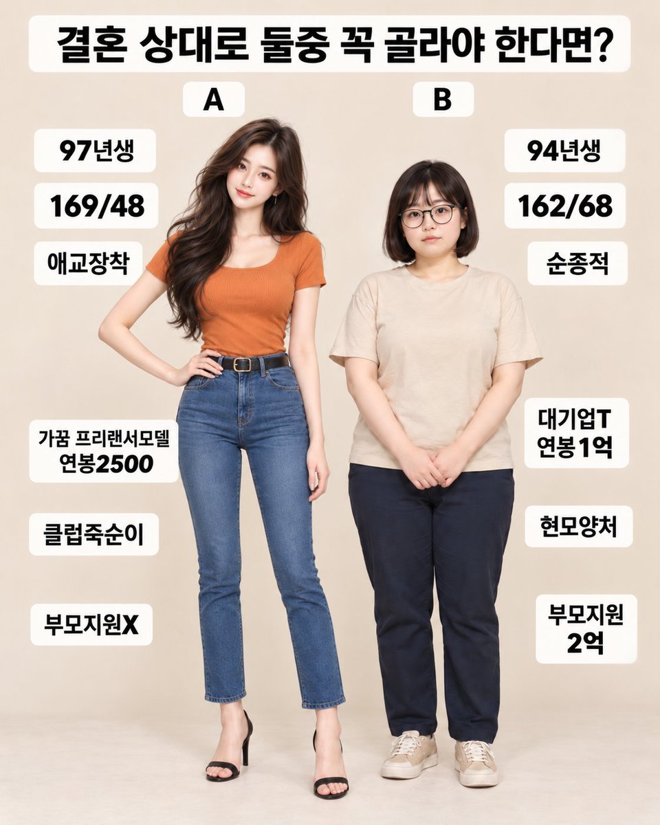 hyedn8131's tweet photo. 결혼 상대로 둘 중 무조건 한 명만 골라야 한다면? 🤔

A. 비주얼·애교·설렘 💘
B. 안정적인 직장·현모양처·부모지원 💰

여러분의 선택은 A vs B?
이유까지 댓글로 남겨줘 👇🔥 https://t.co/n8HcXRWEj1
