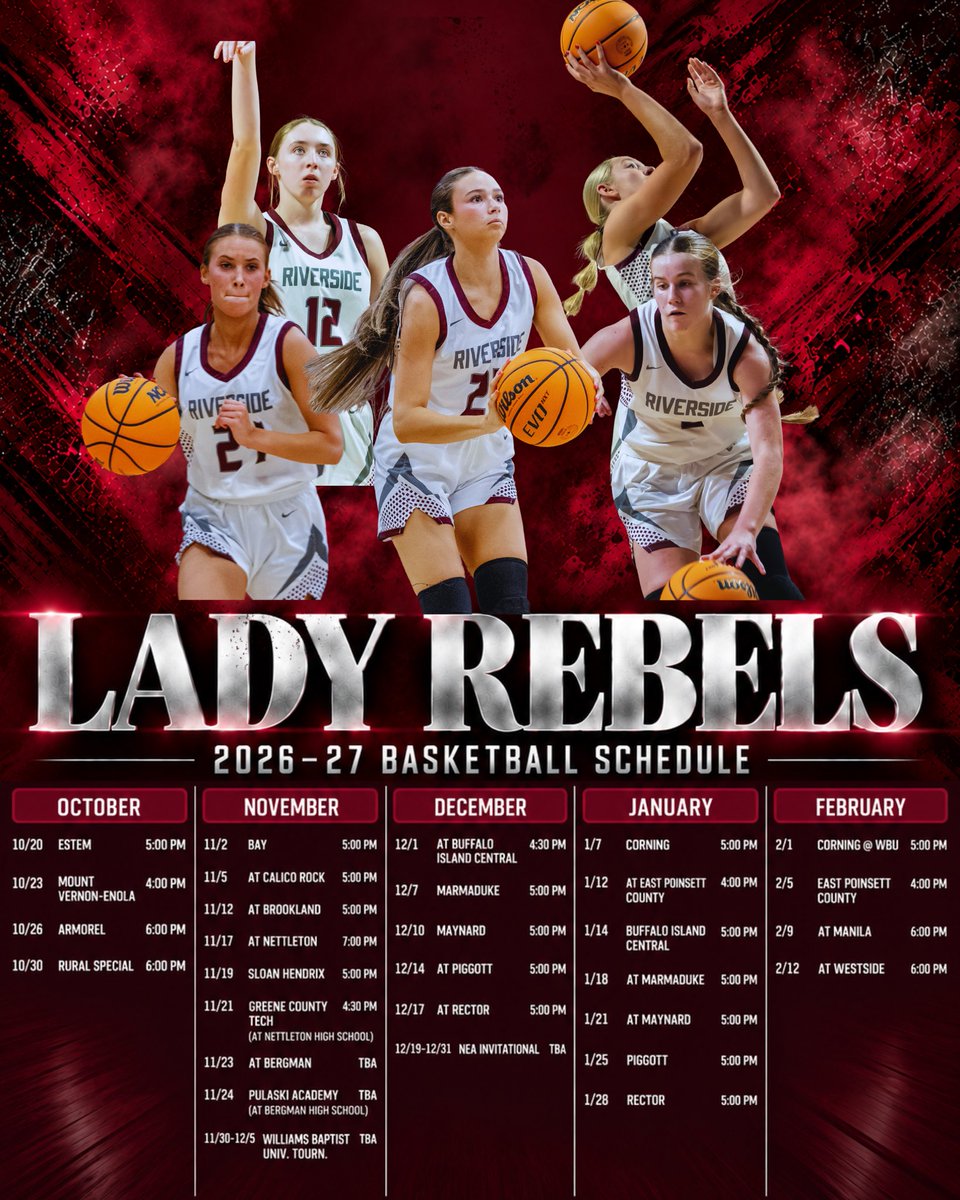 RiversideRebGBB's tweet photo. THE ROAD IS SET. 🏀⚔️

The 2026–27 Riverside Lady Rebels Basketball schedule is here.

New season. New challenges. Same standard.

See you in the gym.

#LadyRebels #RiversideBasketball #NextLevelReb https://t.co/03gAdorxSz