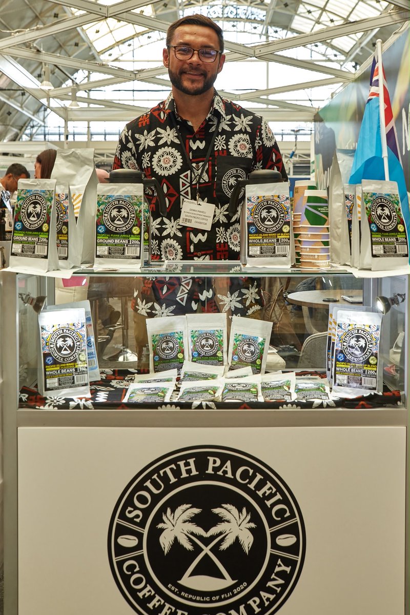 ukinfiji's tweet photo. Fijian coffee is in London! Bula Coffee and South Pacific Coffee Company are showcasing Fiji-grown coffee to UK buyers at #CaffeCulture2026, supported by the UK-funded Making Trade Happen in the Pacific implemented by @ITCnews 

#MakingTradeHappen #FijiCoffee https://t.co/kK5itE4Gpd