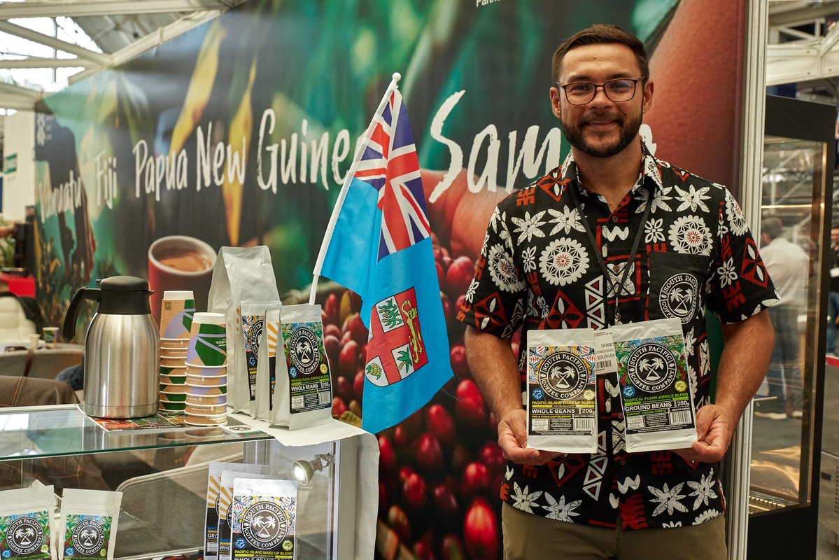ukinfiji's tweet photo. Fijian coffee is in London! Bula Coffee and South Pacific Coffee Company are showcasing Fiji-grown coffee to UK buyers at #CaffeCulture2026, supported by the UK-funded Making Trade Happen in the Pacific implemented by @ITCnews 

#MakingTradeHappen #FijiCoffee https://t.co/kK5itE4Gpd
