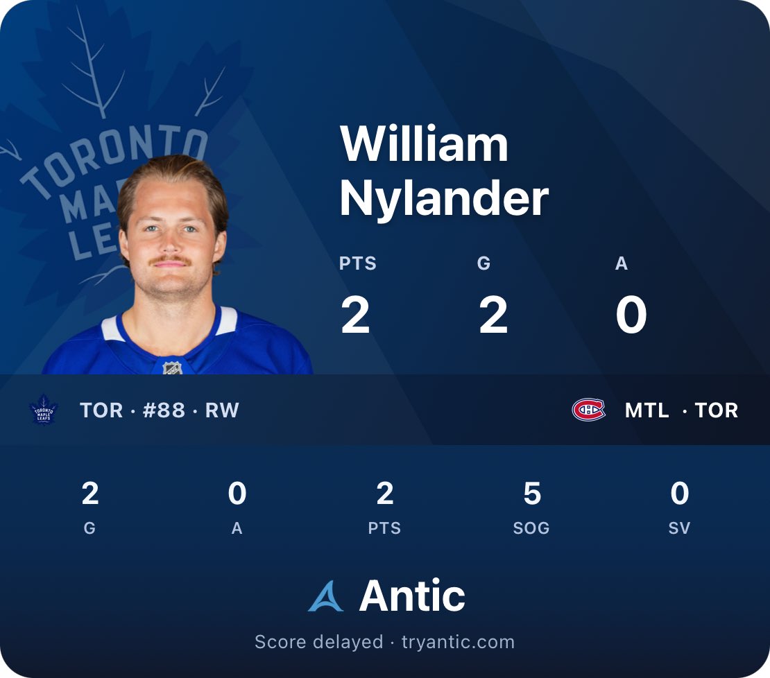 joinantic's tweet photo. William Nylander
MTL  · TOR 
2 G · 0 A · 2 PTS · 5 SOG · 0 SV
Antic · https://t.co/eek6MoMZnv https://t.co/RjFGvYXb1K