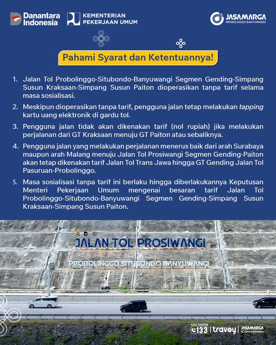 PTJASAMARGA's tweet photo. 🚨 BREAKING NEWS | RESMI BEROPERASI!

Kabar gembira buat Kawan JM!

Mulai 30 September 2026 pukul 10.00 WIB, Jalan Tol Probolinggo–Situbondo–Banyuwangi (Prosiwangi) Segmen Gending–Simpang Susun Kraksaan–Simpang Susun Paiton resmi beroperasi tanpa tarif selama masa sosialisasi 14 hari. 🛣️✨

Meskipun tanpa tarif, KawanJM tetap diwajibkan untuk melakukan tapping kartu uang elektronik di gerbang tol ya! 💳

Untuk perjalanan menerus dari arah Surabaya maupun Malang menuju GT Kraksaan atau GT Paiton, tarif terintegrasi Jalan Tol Trans Jawa tetap berlaku hingga GT Gending Jalan Tol Pasuruan–Probolinggo.

Yuk, cek postingan ini untuk penjelasan selengkapnya!

#SigapMembangunNegeriUntukRakyat
#JasaMarga
#JasaMargaConnectingIndonesia
#JSMRMelayaniSepenuhHati
#DanantaraIndonesia