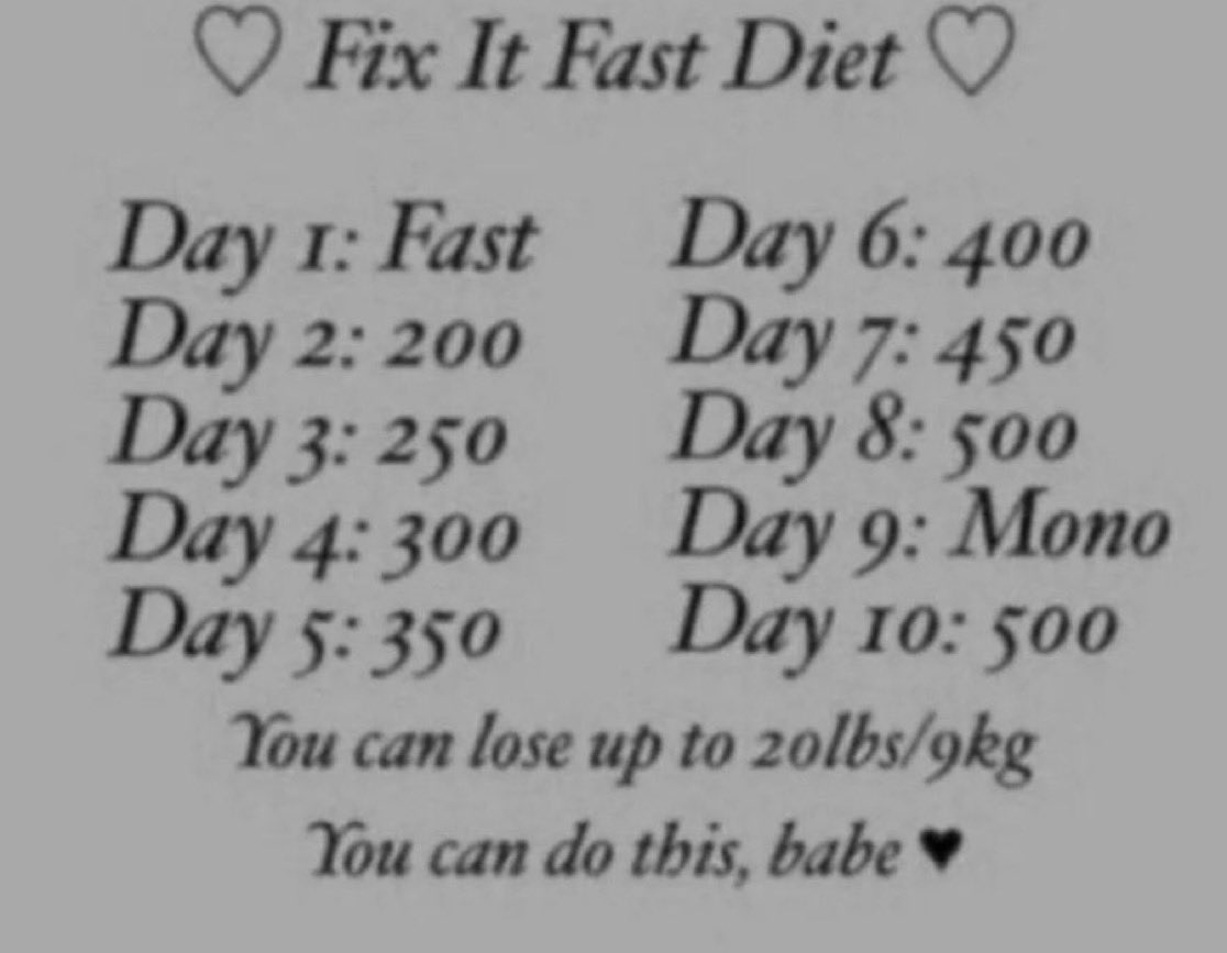 borntobcenter's tweet photo. ⠀
໒ྀི ִ ⑅⁠⠀rules ☕️

♡ intake : 500 kcal ( ou menos ) ; água : 3L ; 10k passos todos os dias ; exercícios todos os dias ; 40h de nf por semana !

-  início : 01 | 10

🗒️ —  estou usando a “fix it fast diet” como inspiração ! se você não faz parte do #edrtwt , apenas passe ♡ https://t.co/1PStrcIlNa