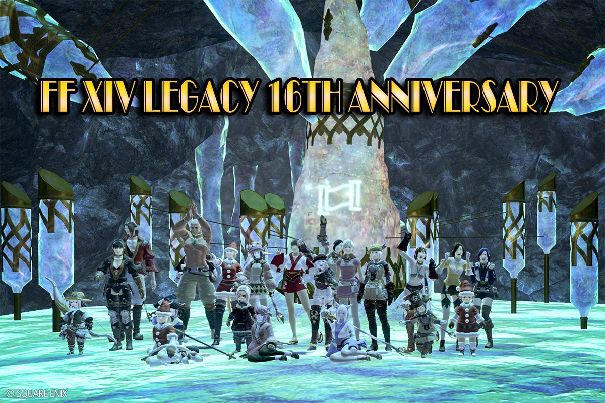 Miina_FF14's tweet photo. 旧FF14の正式サービス開始が2010年9月30日…という事で、今日は「旧FF14 16周年」の記念日です！！ #FF14レガシーの記憶
SSはかつてのモードゥナに存在していた「ザンデ霊廟」での記念撮影風景です。現在ではオールドシャーレアンのバルデシオン分館メインホールで、ここの絵が貼られているのを確認できます。