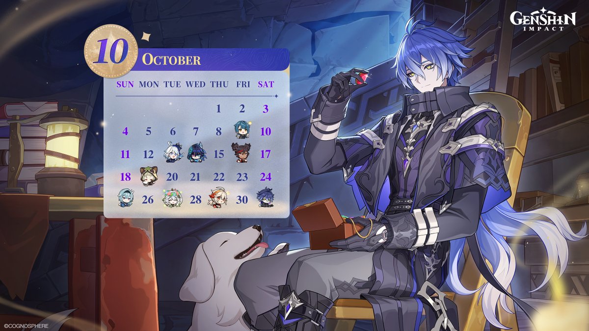 GenshinImpact's tweet photo. Calendar Wallpapers
#GenshinImpactCalendar #GenshinImpact 

Hello, Travelers! Here's the October wallpapers (PC/Mobile/Apple Watch) for you~ Feel free to save and use them as you like~

🎁 Like &amp; share this post for a chance to win Primogems! https://t.co/H5gfOmJB0i