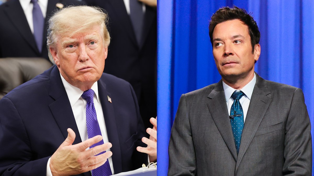 The image shows a side-by-side of Donald Trump in a navy suit with a purple tie on the left, and Jimmy Fallon in a gray suit with a blue polka-dot tie on the right, against the blue curtain backdrop of his late-night show. The pairing illustrates the joke's punchline about Trump's announced White House–led AI initiative, which Fallon is presumably quipping about with that side-eyed expression.