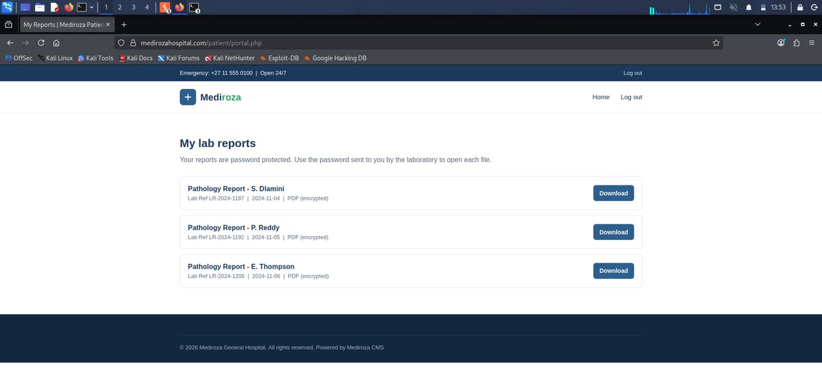 scriptedwebb's tweet photo. Day81 #200daysChallenge with @mr_kay7 

Completed an authorized Black-Box Penetration Test 🔐

The assessment covered:
• Initial Access
• File Exfiltration
• PDF password cracking to assess exposure of PHI
• Post-Exploitation: testing access to staff salary &amp; shareholder data https://t.co/KxjshFcang