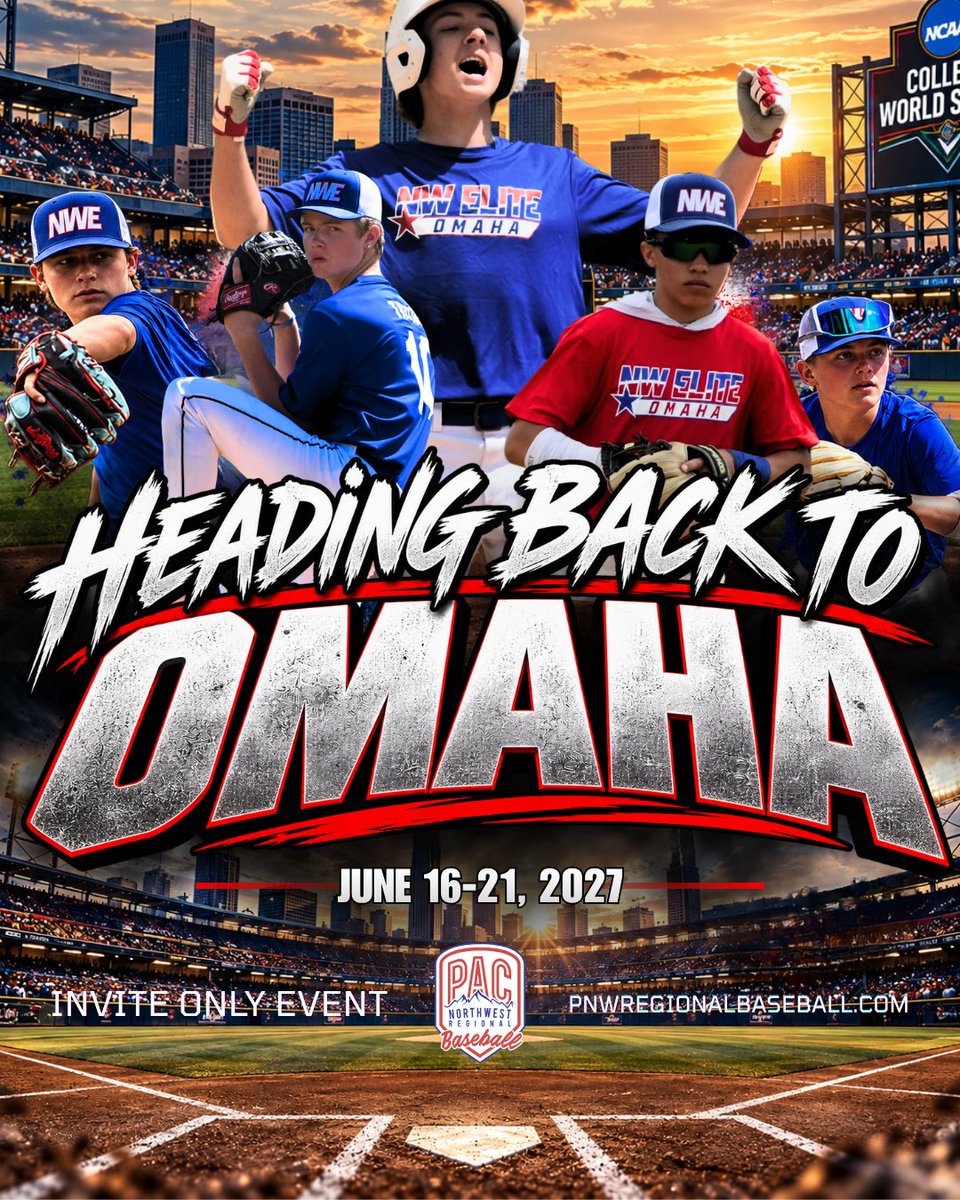 PNWBaseball's tweet photo. OMAHA, WE’RE HEADING BACK. ⚾️

After both of our teams brought home Triple Crown SlumpBuster championships in 2026, PNW Baseball returns to Omaha in 2027.

🏆 2026 13U Champions (6-1)
🏆 2026 14U Champions (7-0)

📍 Omaha, Nebraska
📅 June 16-21, 2027
⚾ Triple Crown SlumpBuster
🏟️ College World Series Experience
🔒 Invite Only

Invites will begin going out soon. Interested in being considered? 📲 Fill out the prospect form at https://t.co/O9MBYOUAHp.

#PACStrong #PNWBaseball #SlumpBuster #Omaha
