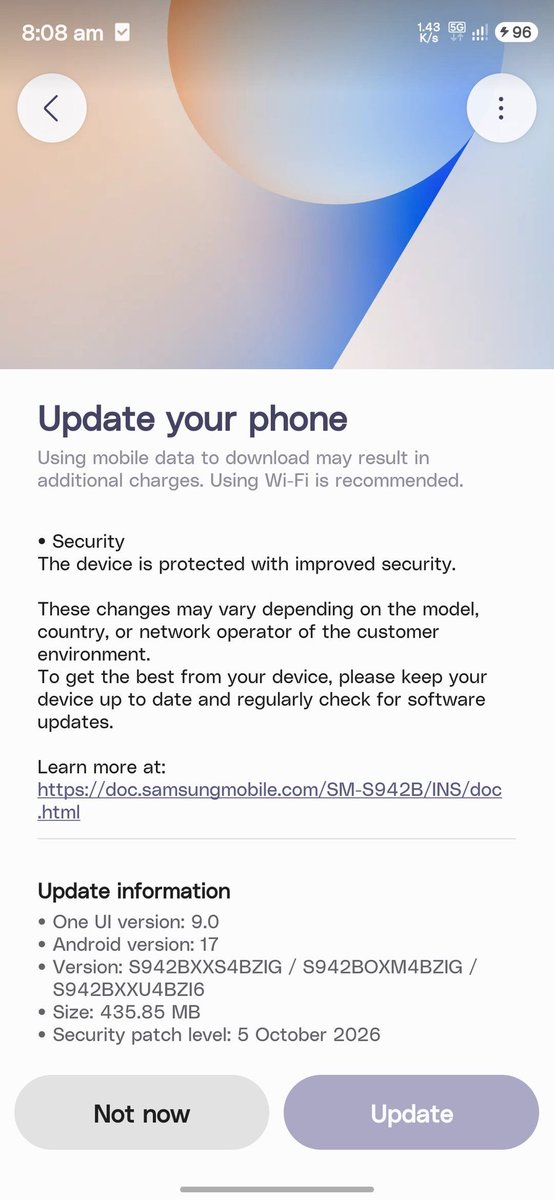 FrankOneDigital's tweet photo. Spoke too soon! 

Galaxy S26 series One Ui 9 October Security Patch update has launched in India!

2nd update is live - other countries to follow!

Version: S948BXXS4BZIG / S948BOXM4BZIG /

S948BXXU4BZI9

Size: 544.15 MB

Security patch level: 5 October 2026

Samsung might have ACTUALLY HIT A TARGET FOR ONCE! 🤯🥳🥳