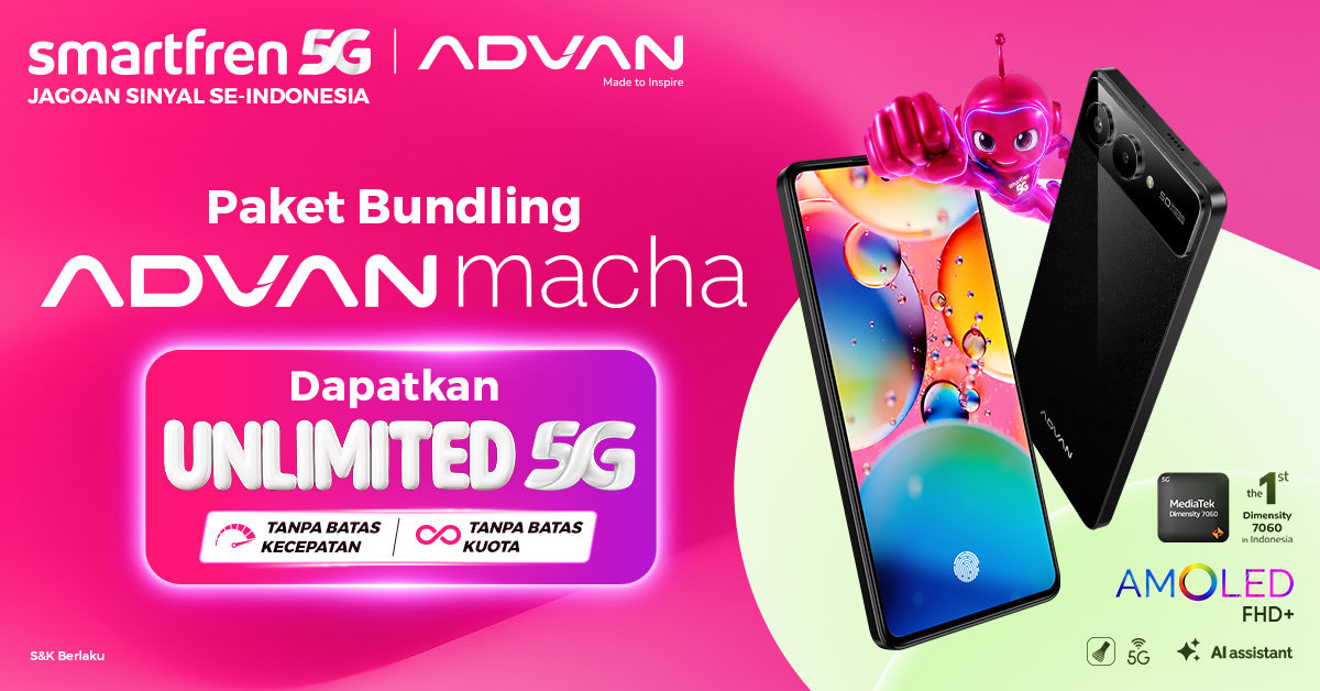 smartfrencare's tweet photo. Ini kan HP yang kamu cari? ADVAN MACHA x SMARTFREN 5G!

Harga terjangkau, udah dapet Smartphone dengan kapasitas baterai 5.000mAh, include SMARTFREN Unlimited 5G sampai 2 tahun 🔥

Cek produknya di sini: https://t.co/QxsmXqEOmk

#SMARTFREN #AdvanIndonesia #JagoanSinyalSeIndonesia https://t.co/zUJt2fVgYU