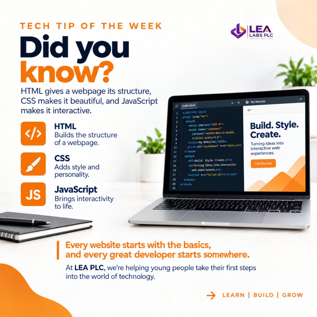 lea_labs's tweet photo. 💡 Tech Tip of the Week

Building a website?

Think of the basics:

🧱 HTML → Structure
🎨 CSS → Style
⚡ JavaScript → Interactivity
Every great developer starts somewhere.
Start with the basics. Build from there. https://t.co/cQg3X7Z0m2