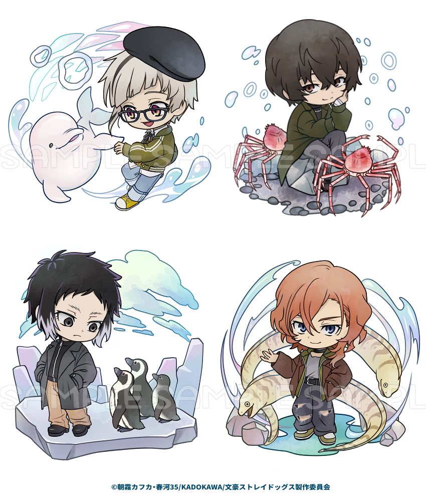 kurokuma824's tweet photo. 【work】
#文豪ストレイドッグス × #シーパラ
コラボのデフォルメイラストを担当させて頂きました🐬🦜🐠
 
それぞれのキャラクターが動物さん達と過ごす秋の様子をお楽しみ頂けますと幸いです🍂
イベントは10月1日からとなります。
よろしくお願い致します！
#bungosd https://t.co/x0mhMShv7T
