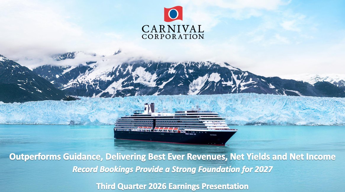 SaltGray's tweet photo. 🚢 $CCL (カーニバル・コーポレーション)
 FY2026 Q3 決算まとめ

決算(実績/予想)
【FY2026 Q3】
・売上：84.4億ドル／83.9億ドル →⭕
・EPS(Non-GAAP)：$1.43／$1.35 →⭕

ガイダンス(会社予想/市場予想)
【FY2026 Q4】
・売上：数値ガイダンスなし
　(ネット・イールド＋約1.7%の提示のみ)
・EPS(Non-GAAP)：約$0.20／$0.24 →❌

【FY2026 通期】
・EPS(Non-GAAP)：$2.24(従来$2.22)／$2.21 →⭕

📅 対象期間：2026年6月1日〜8月31日

📌トピック：燃料高という逆風を価格力とコスト管理で打ち返し、売上・純利益・イールドがそろって過去最高🔥 2027年の予約も価格・乗船率ともに過去最高水準で、「需要の強さ」がはっきり数字に出た決算です。

📋事業概要：カーニバル、プリンセス、AIDA、コスタ、キュナードなど9ブランドを抱える世界最大のクルーズ会社。北米・欧州を中心に、船旅と自社所有のプライベートアイランドを組み合わせて稼いでいます。

━━━━━━━━━━━━━━
💬 経営陣コメント
━━━━━━━━━━━━━━
🗣️ ワインスタインCEO
・売上も利益も記録更新。需要の加速とコスト規律で、会社の想定を上回れた
・予約の勢いは四半期を通��て強まり、船の供給増を大きく上回るペース
・2027年は予約済みの乗船率・価格がともに過去最高、2028年も好スタート
・予約の積み上がりは過去最も先まで伸びていて、需要の持続力に自信

🗣️ バーンスタインCFO
・今年の自社株買いは約12億ドル、配当と合わせて株主還元を本格���
・利率7%の社債5億ドルを手元資金で前倒し償還
・大きく還元しながらも、財務体質とレバレッジ(借入依存度)は前年から改善見込み

━━━━━━━━━━━━━━
📊 財務ハイライト(YoY)
━━━━━━━━━━━━━━
🔹 売上：84.4億ドル(＋3.5%)🌟 四半期として過去最高
 ・チケット収入：＋2%
 ・船内・その他収入：＋7%🔥 船上での消費が加速
🔹 ネット・イールド(1人1泊あたりの実質収入、為替一定)：＋2.4%で過去最高🚀
 → 6月時点の会社予想(＋1.2%)を1ポイント以上上回る
🔹 燃料を除くコスト(1人1泊あたり、為替一定)：＋1.8%
 → 会社予想(＋2.8%)より1ポイント良い着地
🔹 燃料費：＋36%😱 燃料単価が1トン607ドル→826ドルに急騰
🔹 営業利益：22.2億ドル(▲2%)、営業利益率は約28%→約26%
🔹 純利益：19.2億ドル(＋4%)🌟 過去最高
🔹 調整後EBITDA(本業のもうけ)：約30億ドルで前年の過去最高と同水準
🔹 燃料・為替で1株あたり約$0.10の逆風を吸収し、調整後EPSは前年並みを確保

💰 キャッシュフロー・財務
・営業CF(本業で稼いだ現金)：9か月累計で53億ドル(＋13%)
・有利子負債：約239億ドル(昨年11月末から約27億ドル減)
 → ピークだった2023年の約360億ドルから着実に圧縮
・支払利息は前年から約1割減
・顧客からの前受金：Q3として過去最高の76億ドル(＋約7%)🔥

🌍 地域別
・売上の地域別開示はなし。Q3の船の配置は欧州43%・カリブ26%・アラスカ17%

━━━━━━━━━━━━━━
🚀 事業ハイライト
━━━━━━━━━━━━━━
🏝️ 自社プライベートアイランド戦略が本格稼働
・セレブレーション・キー(バハマ)は開業1年で約250万人が来島
・来島者数は2026年270万人→2027年350万人へ拡大予定
・リラックスアウェイ(ハーフムーンケイ)など他2島も2026年190万人→2027年280万人へ

💳 新ロイヤルティ制度「カーニバル・リワーズ」を9月1日に開始
・提携クレジットカードの発行件数が発表前比で3倍以上に

��� プリンセス・クルーズがChatGPT内に専用アプリを公開
・大手クルーズで世界初。AIで船旅の検索・比較・計画が可能に

🛳️ 船隊への投資は「厳選」
・新造船カーニバル・フェスティバーレが2027年5月就航
・次世代「エース級」1番船カーニバル・デスティニーを2029年に投入
・既存船の大規模改装(ホーランド・アメリカ、AIDA、クイーン・メリー2)も継続

━━━━━━━━━━━━━━
📣 株主還元 / 注目トピック
━━━━━━━━━━━━━━
💵 配当：1株あたり四半期$0.15、年間で8億ドル超
🔁 自社株買い：年初来約12億ドル(約4,500万株)、うちQ3以降だけで約8億ドル
🎯 2026年の株主還元は合計約20億ドルの見込み
🏅 S&Pが格上げ→2社目の投資適格を獲得し、担保付き借入がゼロに
📈 中期目標「PROPEL」ではEPS $3.50(2029年)を掲げ、年率約2割の増益が必要な水準
📊 株価は決算当日に＋11〜13%と大幅高

━━━━━━━━━━━━━━
✅ ポジティブ
━━━━━━━━━━━━━━
1️⃣ 売上・純利益・イールドがそろって過去最高、会社予想を全項目で上回る

2️⃣ 燃料高を価格力とコスト削減で吸収し、通期EPS見通しを上方修正

3️⃣ 2027年の予約は価格・乗船率とも過去最高、2028年も好発進

4️⃣ 前受金76億ドルで過去最高、船の供給がほぼ横ばいの中で需要だけが伸びている

5️⃣ 投資適格化＋借金圧縮＋年20億ドル規模の還元と、財務の「守り」から「攻���」へ

━━━━━━━━━━━━━━
⚠️ リスク
━━━━━━━━━━━━━━
1️⃣ 燃料費が＋36%、Q4はさらに単価上昇の想定。燃料ヘッジなしで原油価格に直撃される構造

2️⃣ Q4のEPS見通し(約$0.20)は市場予想を下回る

3️⃣ 売上は増えても営業利益は前年割れ、利益率は燃料で削られている

4️⃣ 借金は減ったとはいえ約240億ドル、手元資金は約12億ドルと薄め

5️⃣ 船の供給増がほぼゼロのため、成長は「値上げ」頼み。欧州・中東の地政学リスクも残る

━━━━━━━━━━━━━━
📝 総括
━━━━━━━━━━━━━━
一言でいえば「需要は文句なし、敵は原油だけ」という決算です🚢

お客さんは例年以上に早く、高い値段で予約を入れてくれていて、船の中でもしっかりお金を使ってくれています。船をほとんど増や���ていないのに前受金が過去最高というのは、まさに「値決め力」の証拠。自社の島というクルーズ会社にしか作れない行き先も、着実に収益源に育ってきました🏝️

一方で、厳しめに見ると、売上は伸びても営業利益は前年を下回っていて、稼いだ価格改善分の多くが燃料代に消えている構図です。Q4の見通しが市場予想に届いていないのもそのため。

株価は決算前に年初来で大きく売られてい���ので、今回の急反発は「需要は壊れていない」という安心感の表れだと思います。ここから先は、原油価格が落ち着くかどうかと、2027年に向けて値上げを続けられるかどうか。この2つが株価の行方を左右しそうです👀

この決算を受けて、昨日の株価は+13.41％となりました。

※本投稿は決算資料に基づく個人的な情報整理であり、投資判断はご自身の責任でお願いします。

#CCL #カーニバル #クルーズ #米国株 #決算 #投資 #株式投資