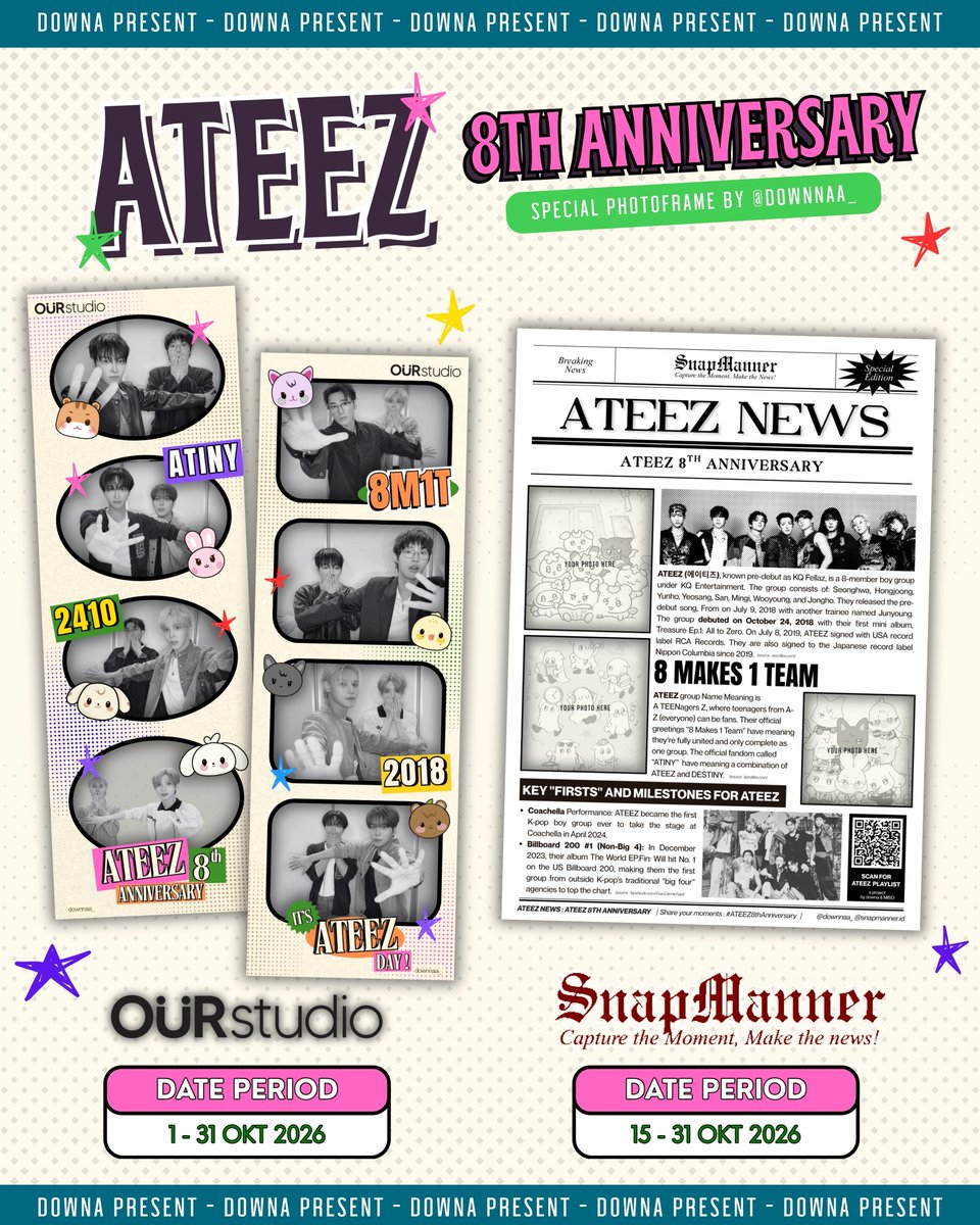 Flowermingki's tweet photo. 8 makes 1 team! 🏴‍☠️
October it's ATEEZ month! 🎇

Let's celebrate ATEEZ 8th Annviversary
w/ photoframe by @onarightere

📍Place &amp; Date
Ourstudio : 1-31 Okt '26
Snapmanner : 15-31 Okt'26

Capture your moments and tag @.downnaa_ (ig) / @onarightere (x) !
#ATEEZ8thAnnv #itsATEEZday https://t.co/ga4piiC9UI
