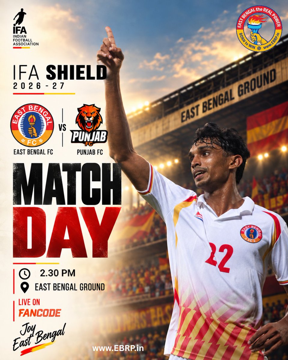 EBRPFC's tweet photo. 🔴🟡 MATCHDAY | IFA SHIELD 2026–27 🏆
⚔️ East Bengal FC vs Punjab FC
🏟️ East Bengal Ground
⏰ 2:30 PM
📺 Live on FanCode
#JoyEastBengal #IFAShield2026 #EBRP https://t.co/LFxhub1ko2