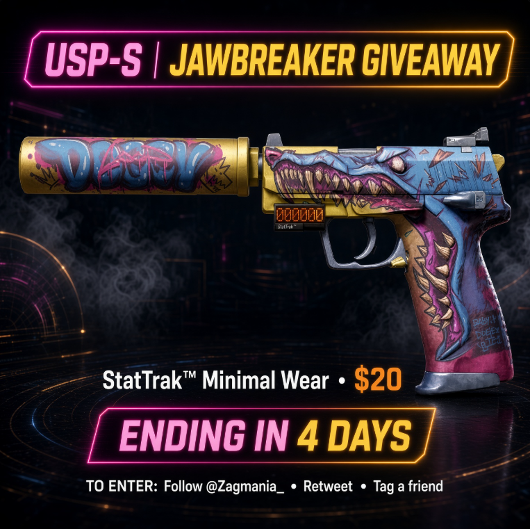 Destructum's tweet photo. 🪄Sponsored By @Zagmania_   🪄

👉20$ Usp-S JawBreaker StatTrak MW 

✅Follow @Zagmania_ 
☑️Retweet-Like-tag friend(s)

⏰End in 4 Days
#CS2 #CS2GIVEAWAY #CSGO https://t.co/SFc2wX02F8