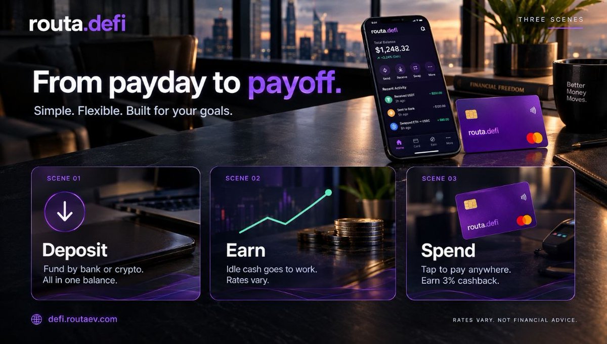 Routa_DeFi's tweet photo. From payday to payoff.

Your money has places to go.

Deposit your funds, put idle capital to work, and spend when you need to — all from one RoutaDeFi experience.

Simple. Flexible. Built around your goals.

#RoutaDeFi #DeFi #Crypto #Fintech https://t.co/jA0nVGnDuH