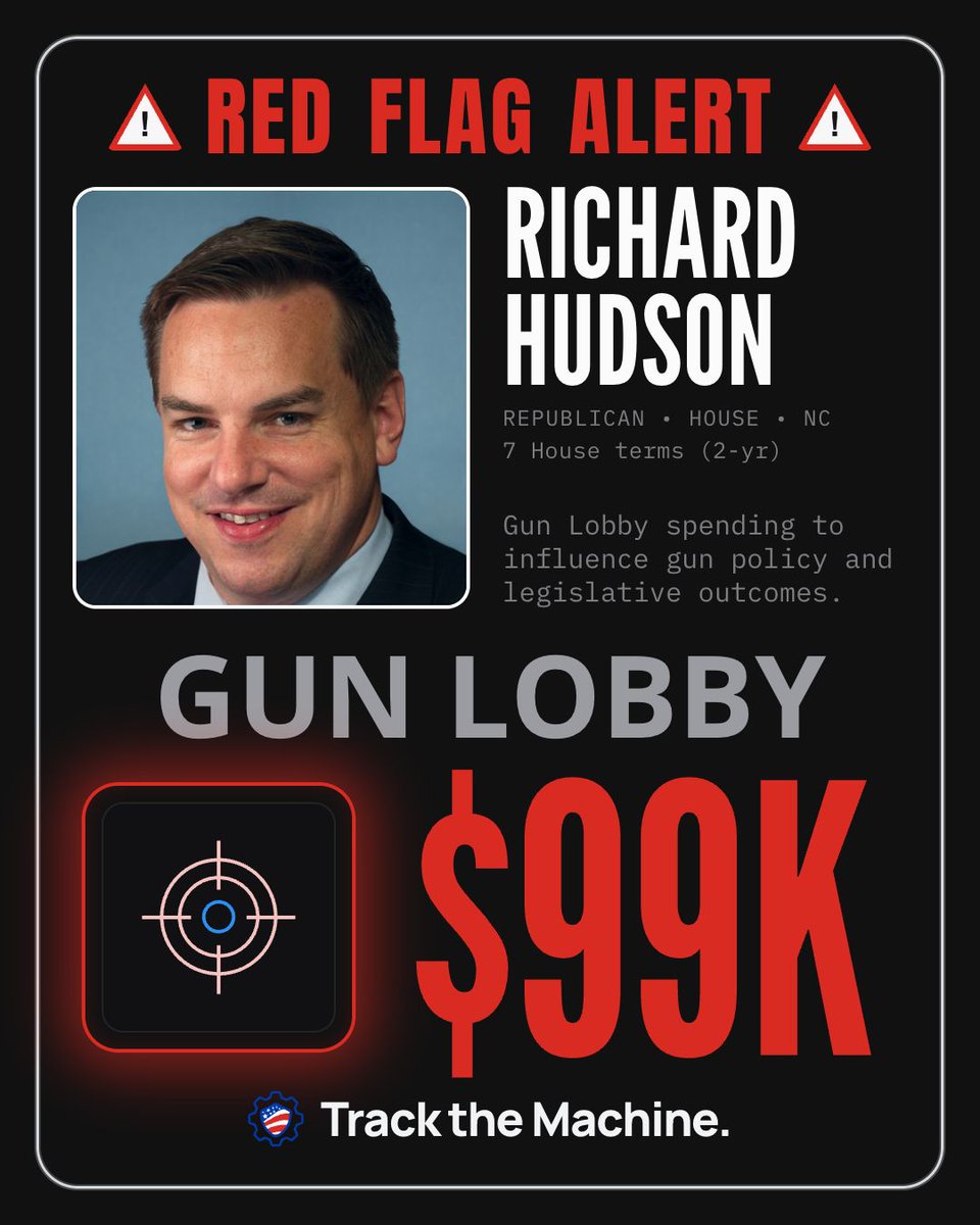 TurnLeftPAC's tweet photo. π© RED FLAG: Per @TrackTheMachine, FEC reports show Richard Hudson (R-NC) has received $99K in total donations from the gun lobby. Track the money, all the way to the vote. #TrackTheMachine https://t.co/D38JEGoBCa