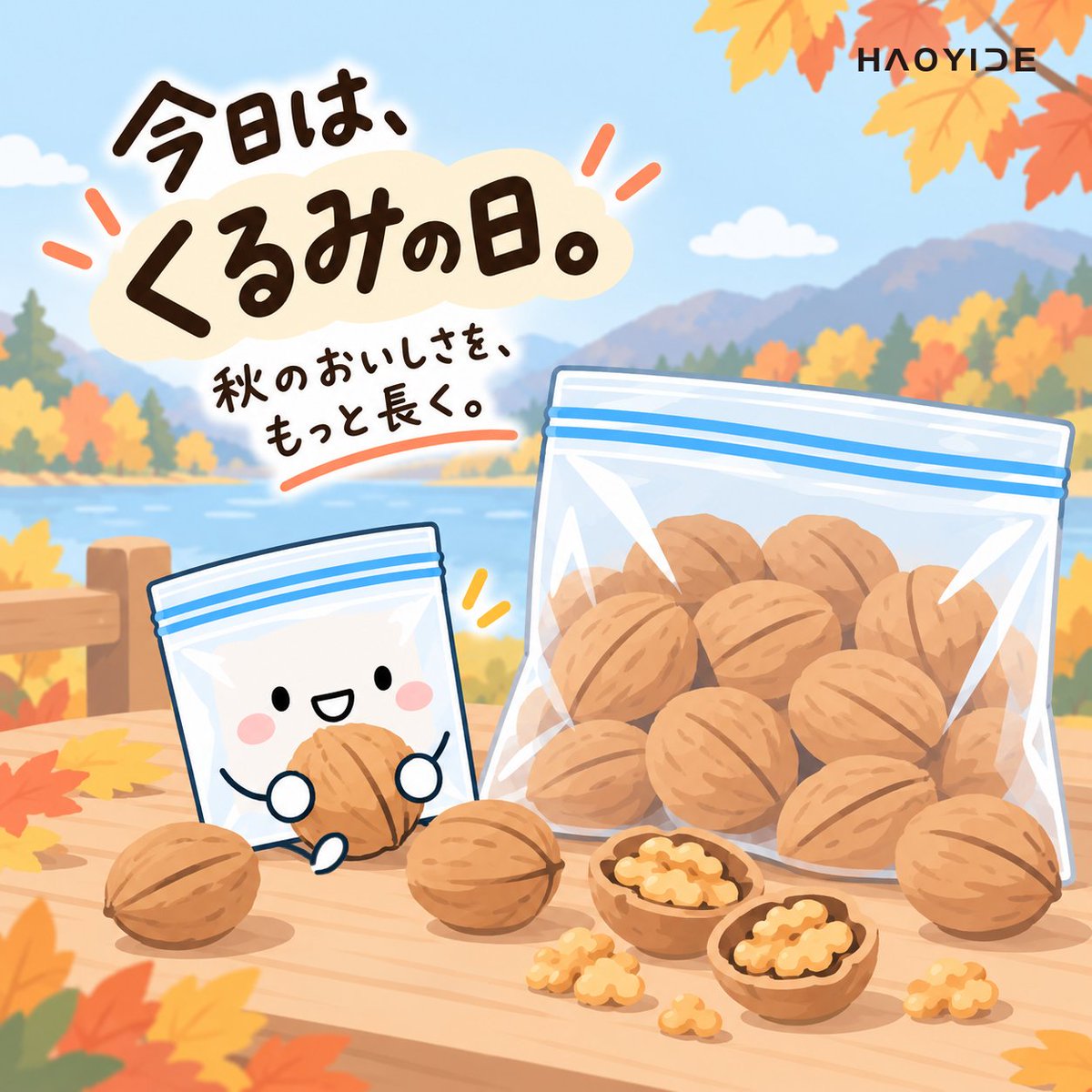 HAOYIDE_jp's tweet photo. 今日は #くるみの日   🌰
香ばしくて、ついつい手が伸びるくるみ。
おやつにも、お菓子や料理にもぴったりですね☺️  
ピタくんも、ひとつしっかり確保したみたいです👀  
秋のおいしさ、ゆっくり楽しみたいですね。✨  
#HAOYIDE #ピタくん https://t.co/k2m0OyDaWz