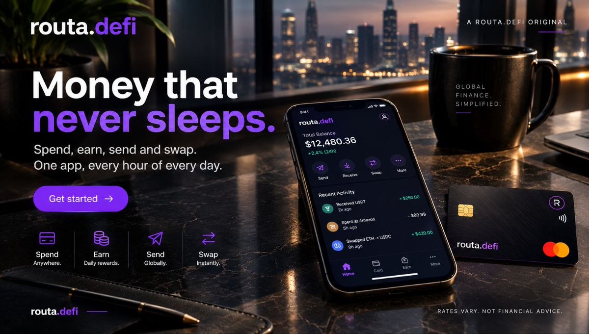 Routa_DeFi's tweet photo. Your money shouldn’t have office hours.

Spend. Earn. Send. Swap.

RoutaDeFi brings everyday money movement and on-chain finance together in one experience — available whenever you are.

The world doesn’t stop at 5PM. Neither should your money.

#RoutaDeFi #DeFi #Crypto #Web3 https://t.co/paG9tU3BhM
