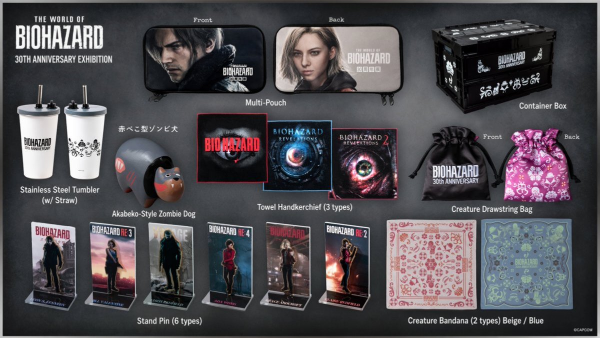 kathyanhy's tweet photo. New Exclusive Merchandise from the Resident Evil 30th Anniversary Exhibition: All Products Revealed!🛍️

Capcom has unveiled a new batch of official merchandise available exclusively at “The World of Biohazard — 30th Anniversary Exhibition,” taking place in Tokyo from October 30 to December 24, 2026. The line combines iconic elements from the series with original designs:

🔹Akabeko-Style Zombie Dog — ¥6,600 / about $41.95
🔹S.T.A.R.S. Photo T-shirt — ¥4,900 / about $31.15
🔹VILLAINS T-shirt — ¥4,900 / about $31.15
🔹WELCOME T-shirt — ¥5,400 / about $34.32
🔹Wesker Bleached T-shirt — ¥4,900 / about $31.15
🔹Mr. Raccoon T-shirt — ¥5,400 / about $34.32
🔹Nemesis Hoodie — ¥11,000 / about $69.92
🔹Exhibition Key Visual T-shirt (2 types, White/Gray) — ¥3,900 each / about $24.79 each
🔹Socks (2 types, Licker/Chainsaw Villager) — ¥1,980 each / about $12.59 each
🔹Embroidered Socks Jack Baker — ¥2,500 / about $15.89
R.P.D.
🔹Jacquard Tote Bag — ¥6,600 / about $41.95
🔹Nemesis Heat-Changing Mug — ¥2,800 / about $17.80
🔹Mr. Raccoon Cup — ¥1,000 / about $6.36
🔹Stainless Steel Tumbler (w/ Straw) — ¥3,300 / about $20.98
🔹Incubator Floating Ballpoint Pen — ¥1,200 / about $7.63
🔹Container Box — ¥13,200 / about $83.91
🔹Creature Encyclopedia Washcloth — ¥1,980 / about $12.59
🔹Towel Handkerchief (3 types) — ¥1,320 each / about $8.39 each
🔹30th Anniversary Eco-Bag — ¥2,420 / about $15.38
🔹Creature Bandana (2 types, Beige/Blue) — ¥1,760 each / about $11.19 each
🔹Exhibition Key Visual Shopping Bag — ¥500 / about $3.18
🔹THE WORLD OF BIOHAZARD 30th Anniversary Exhibition Official Catalog — ¥3,850 / about $24.47
🔹Glowing Sticker (2 types, BIOHAZARD / 30th Anniversary Logo) — ¥770 each / about $4.89 each
🔹Creature Drawstring Bag — ¥1,650 / about $10.49
🔹Multi-Pouch — ¥2,750 / about $17.48
🔹Antique Coin-Style Lapel Pin (6 types, Blind Package) — ¥990 each / about $6.29 each
🔹Framed Antique Coin-Style Lapel Pin Set — ¥9,800 / about $62.29
🔹Stand Pin (6 types) — ¥1,650 each / about $10.49 each
🔹First Zombie Acrylic Lenticular Keychain — ¥770 / about $4.89
🔹Box Art Keychain (15 types, Blind Package) — ¥880 each / about $5.59 each
🔹Box Art Keychain Box Set — ¥13,200 / about $83.91
🔹“THE WORLD OF BIOHAZARD 30th Anniversary Exhibition” I-Was-There Cookies — ¥1,500 / about $9.53

#REBHFun #RE30th #ResidentEvil #バイオハザード