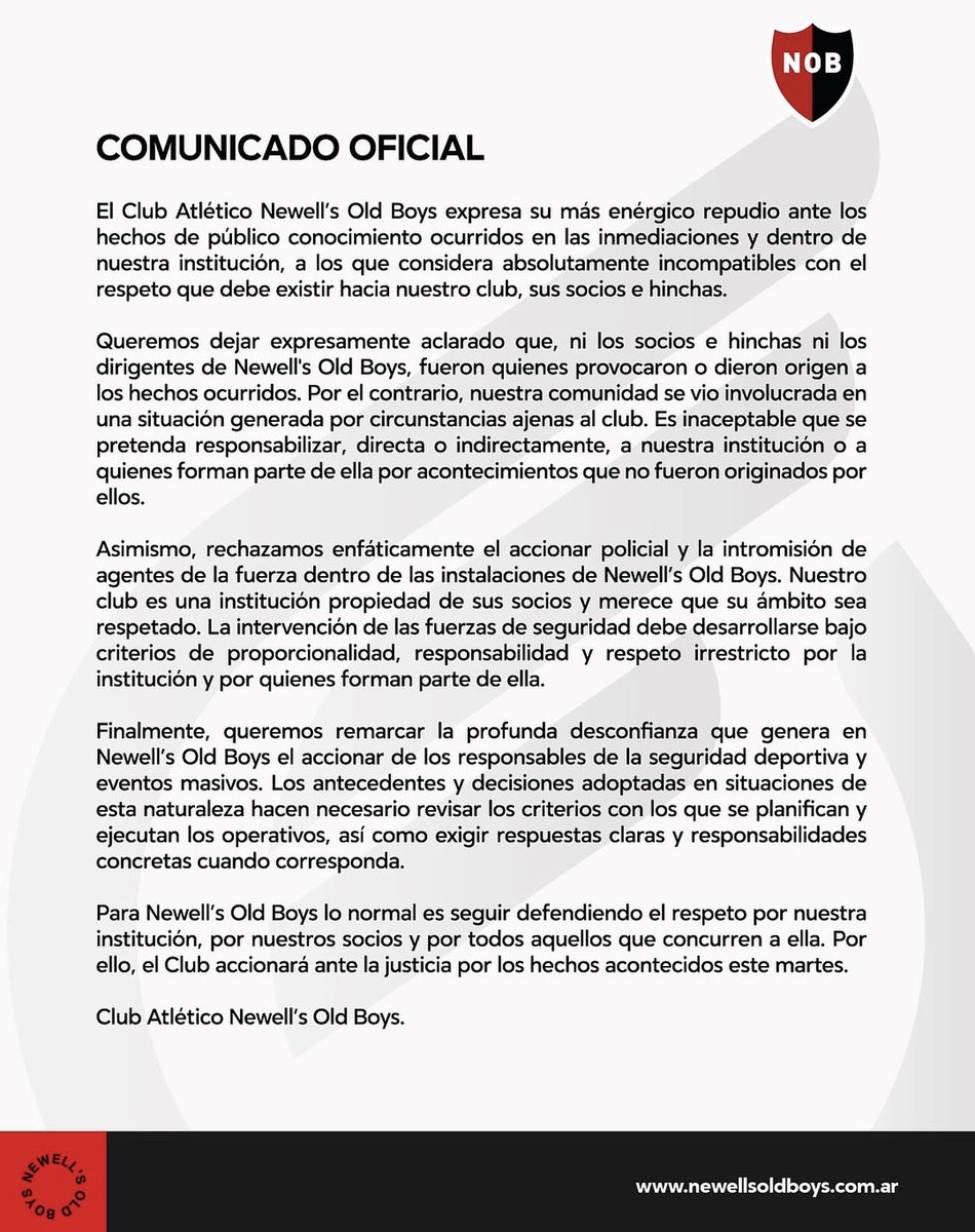 HernanFunes's tweet photo. Los incidentes con la Policía en @Newells abren un conflicto hacia el plano político y judicial: el club rechaza “el accionar de la fuerza en las instalaciones”, apunta a una “desconfianza” con seguridad deportiva del @MinSegSF y anuncia que irá a la Justicia. Duro comunicado👇🏼 https://t.co/zgfgf0ED7q
